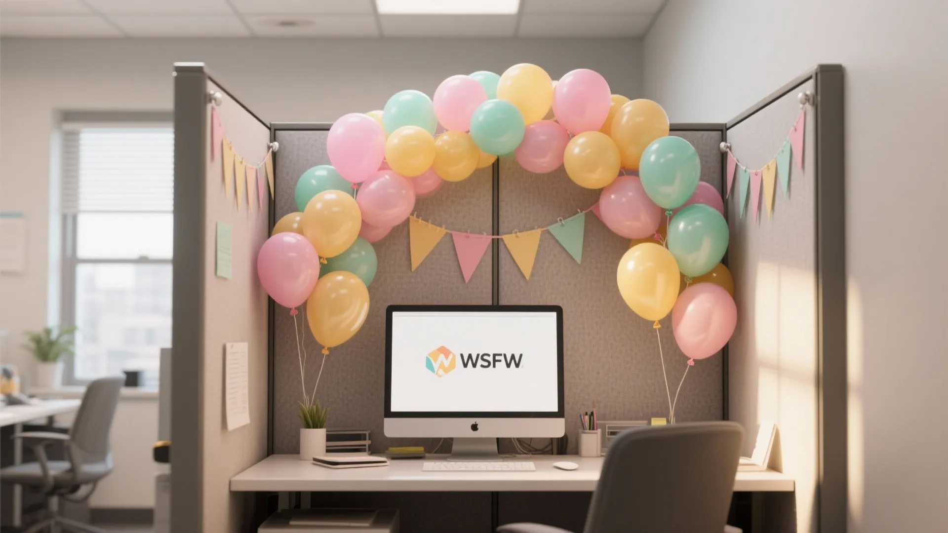 Compact office cubicle with a pastel balloon garland arching above the monitor, attached with low-tack hooks.