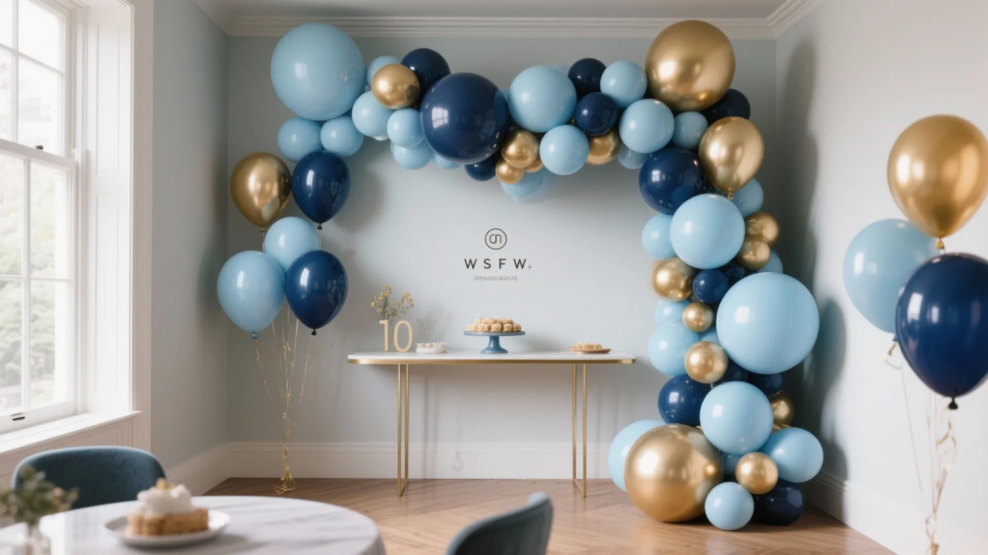 Balloon garland with corporate blues and gold