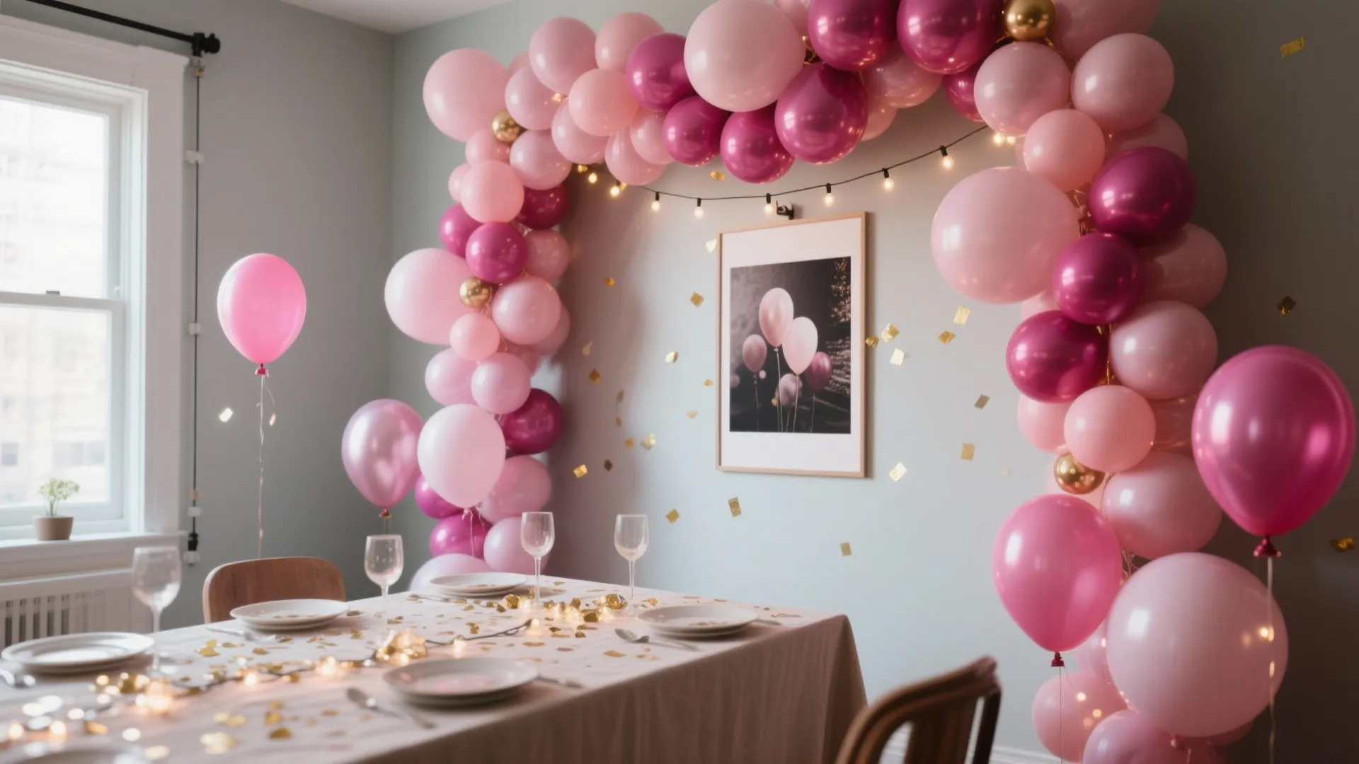 Dining room decorated with pink balloon arch and gold confetti on table for a party