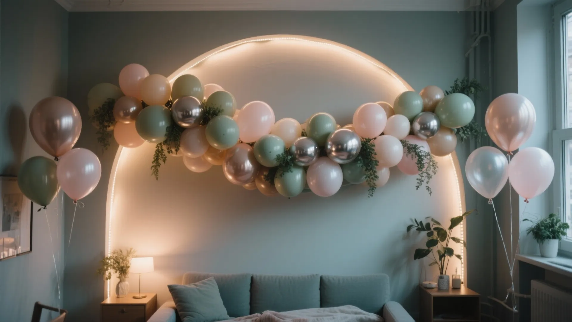 Modern living room featuring a colorful balloon garland decoration above a comfortable grey fabric sofa
