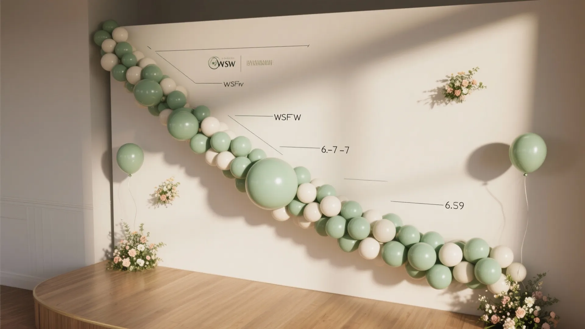 Green and white balloon garland on white wall with flowers and design measurements on display