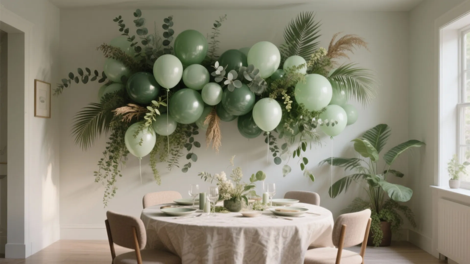 Dining room with round table and chairs decorated with green balloons and tropical plant leaves