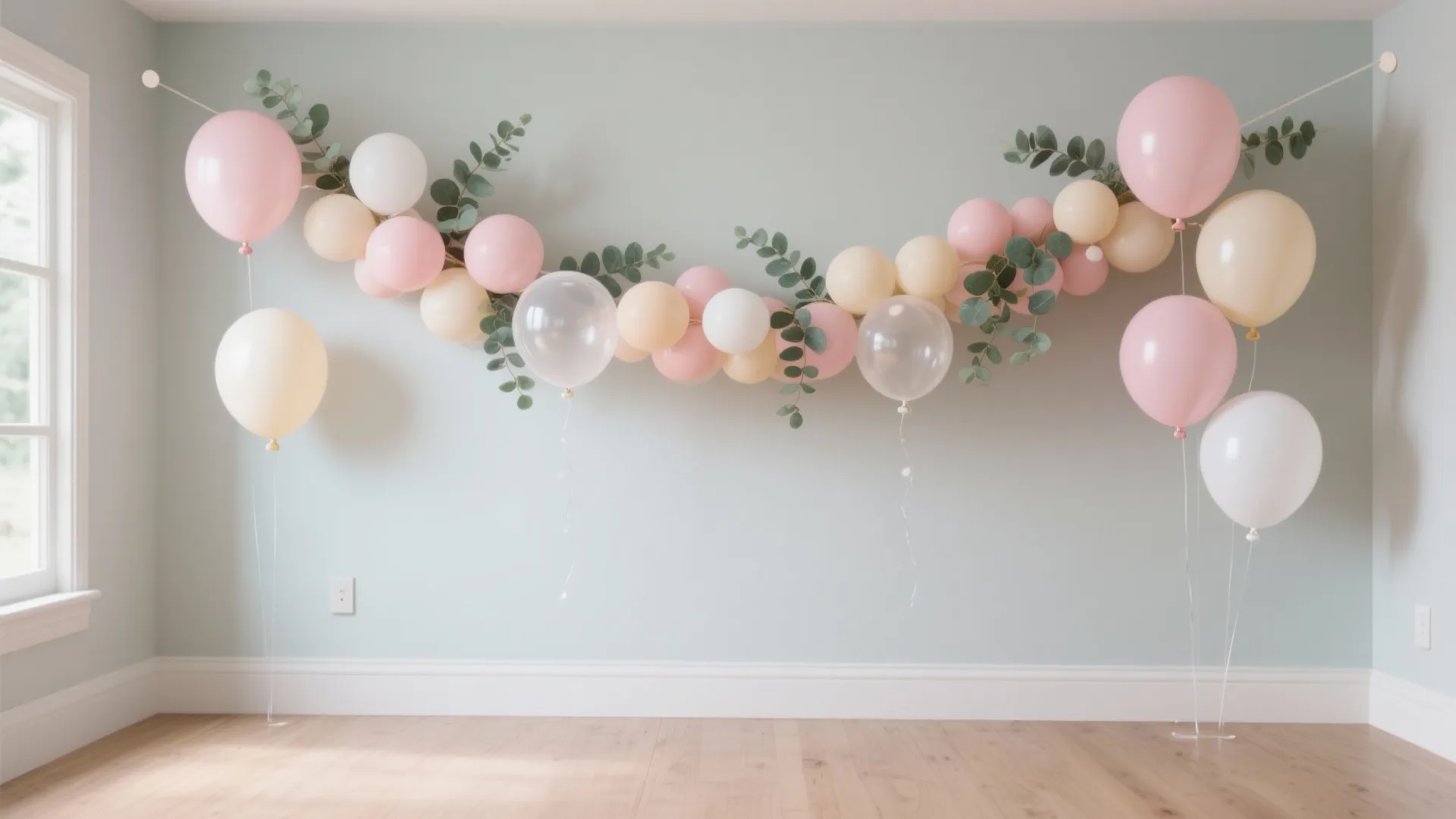 Pastel pink and white balloons with green leaves hanging on a light blue wall decoration