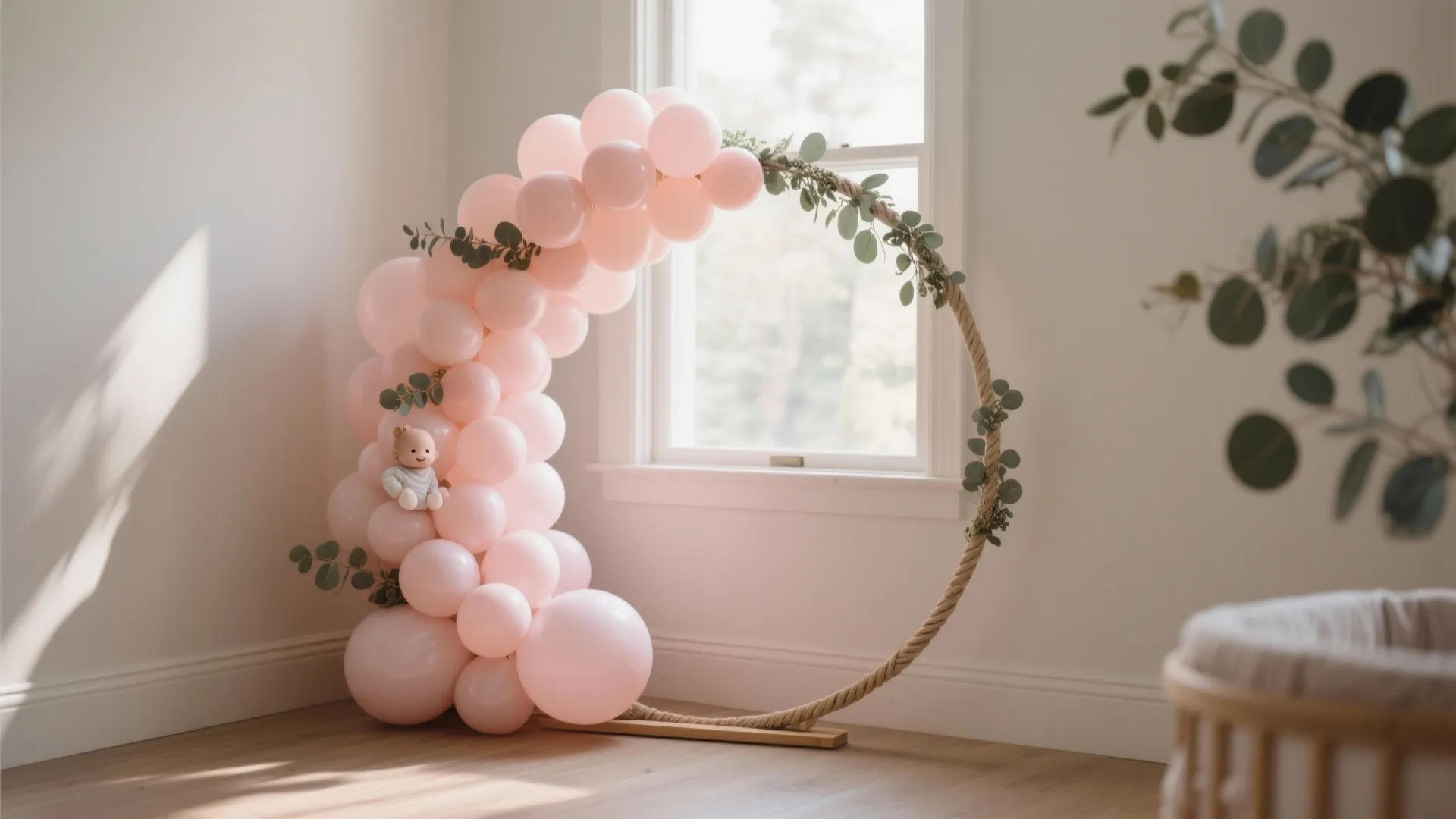 Compact blush balloon arch with eucalyptus accents beside a window, styled for eco-friendly baby welcome decoration.