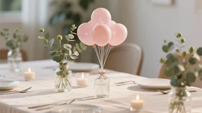 Soft Pink Dining Table Decor with Eucalyptus & Balloons