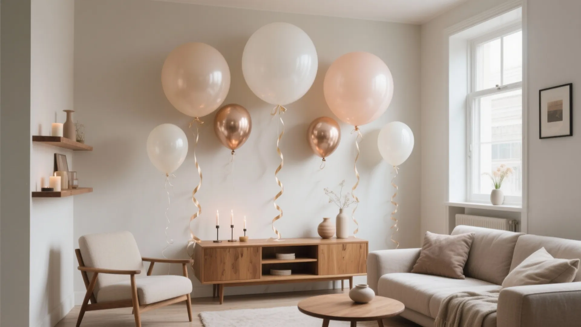Neutral living room showing a wooden cabinet decorated with large beige and gold party balloons