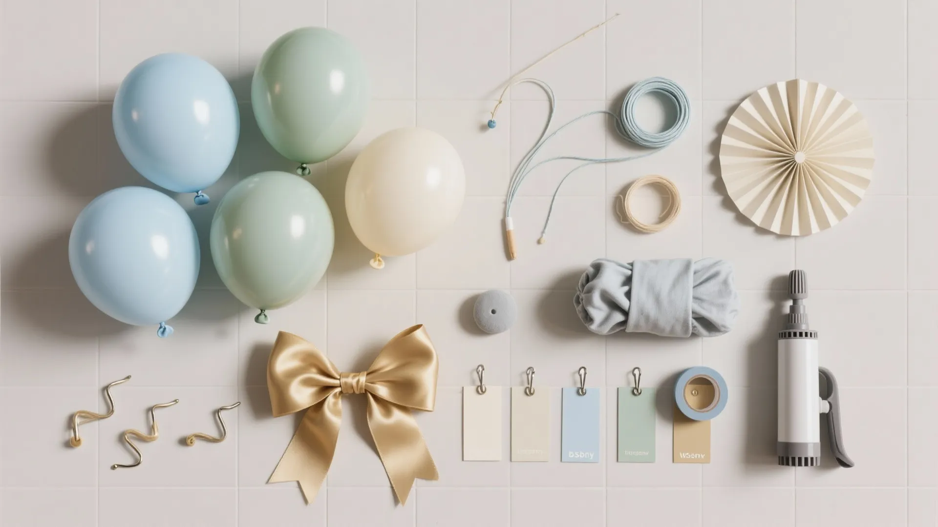 Flat lay of party decoration materials including balloons gold bow ribbon air pump and color swatches