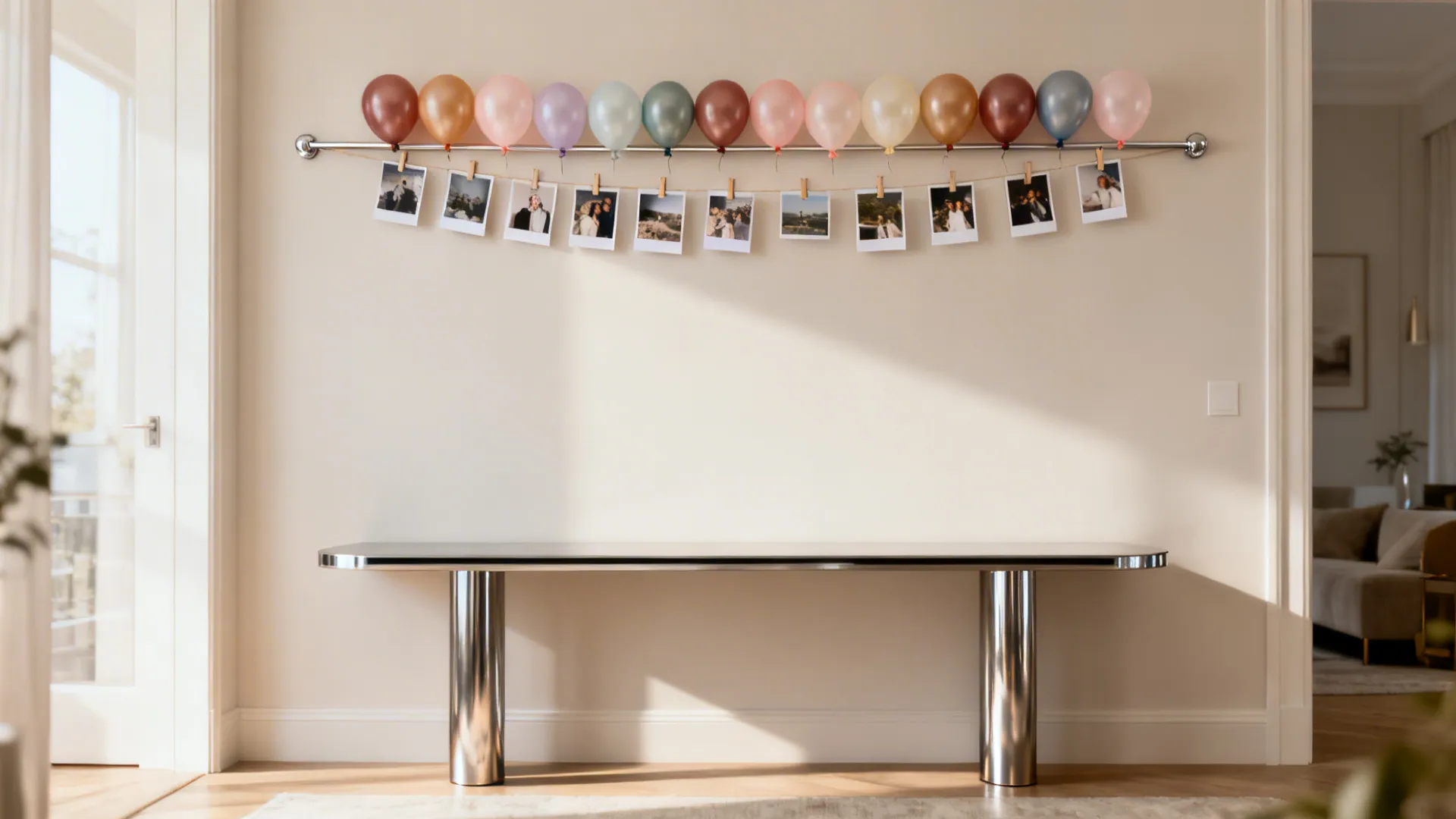 Colorful balloons and small photos hanging on a wall above a modern silver metal table