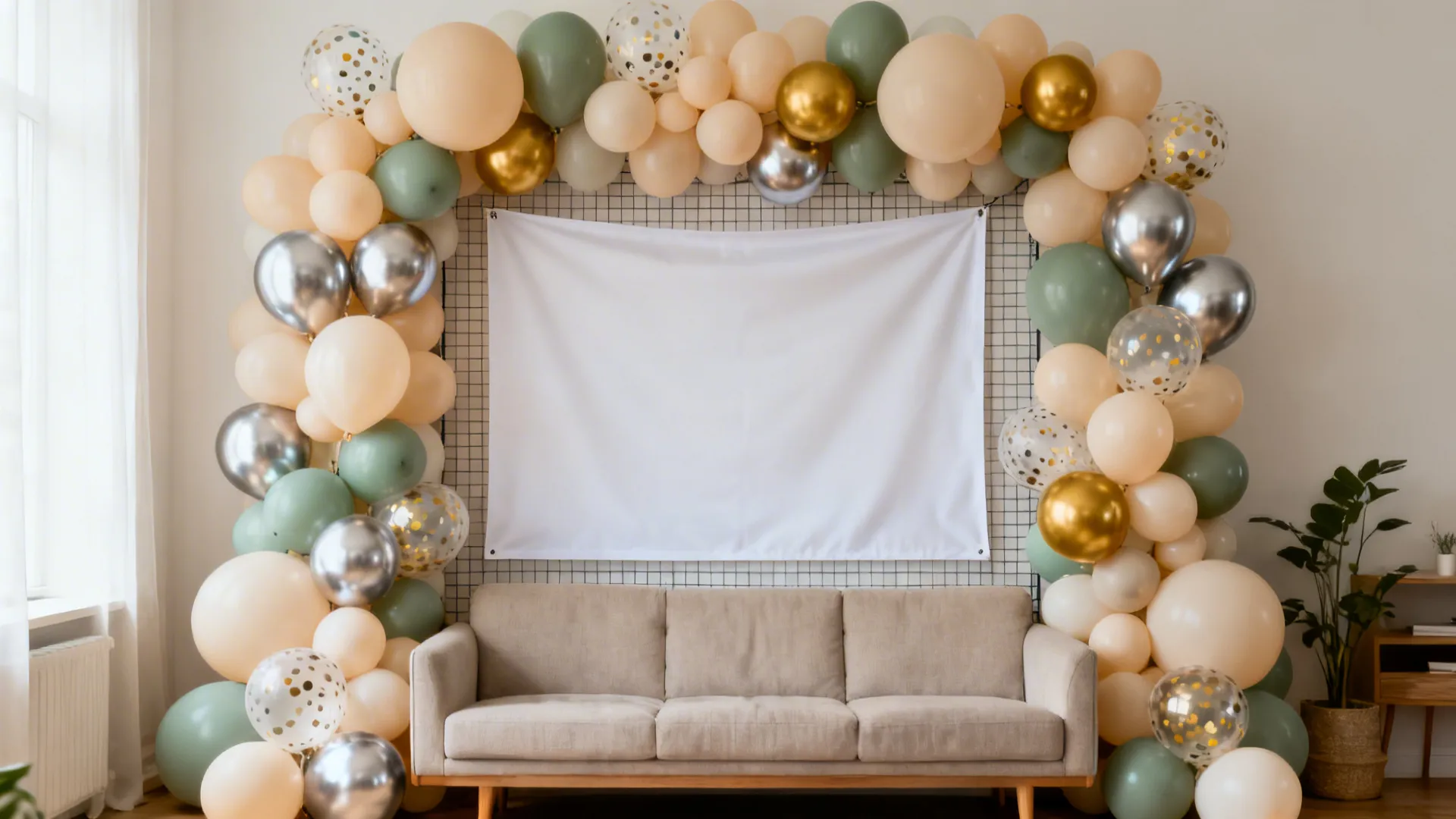 Partial balloon wall backdrop in a small living room with matte, chrome, and confetti balloons around a centered banner.