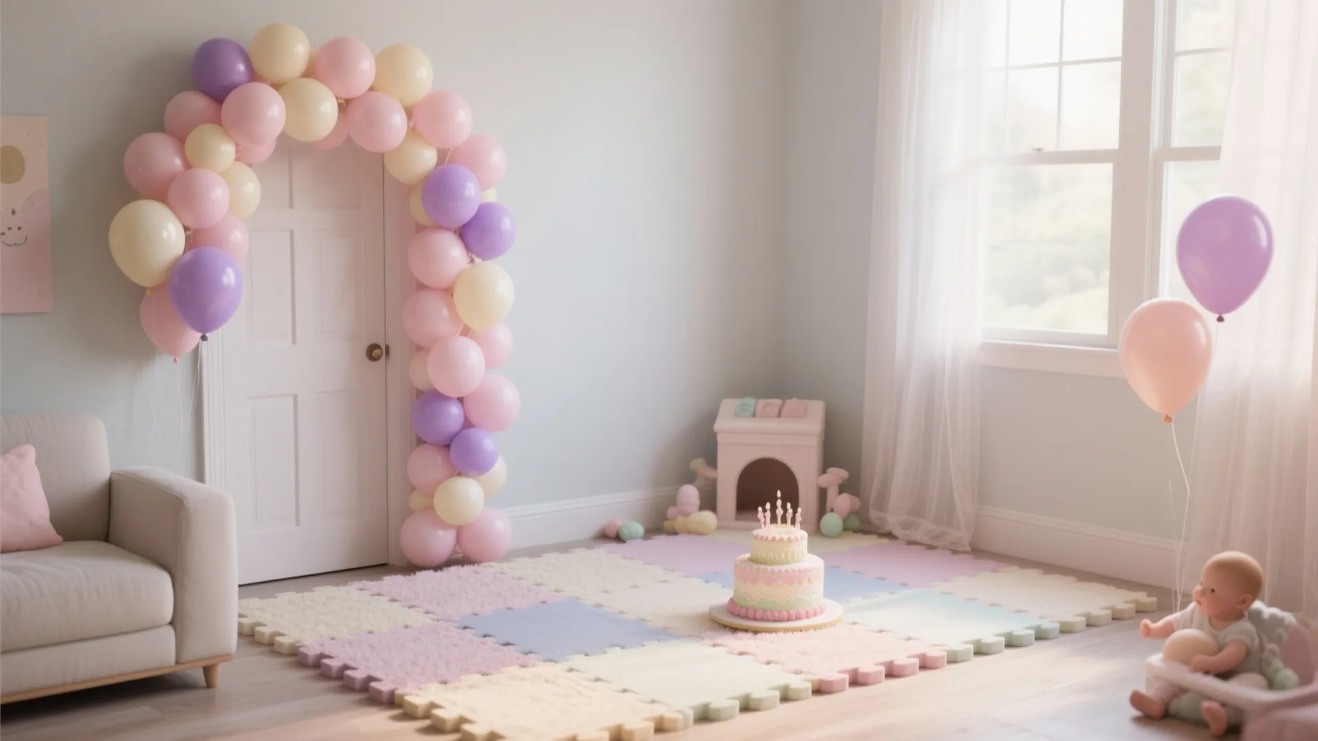 Soft Pastels Balloon Garland + Safe Floor Play Zone