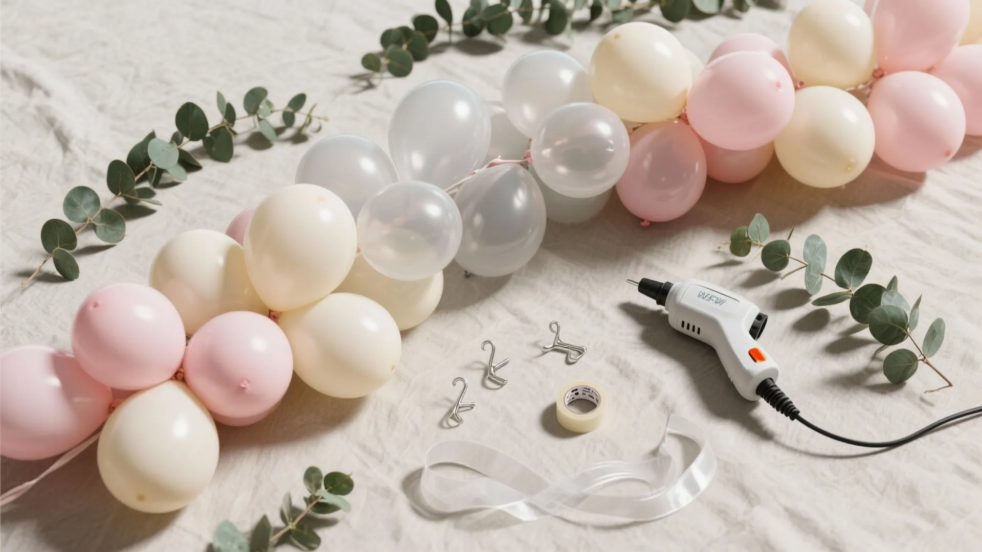 Diy balloon garland process showing pink white and grey balloons with glue gun and greenery