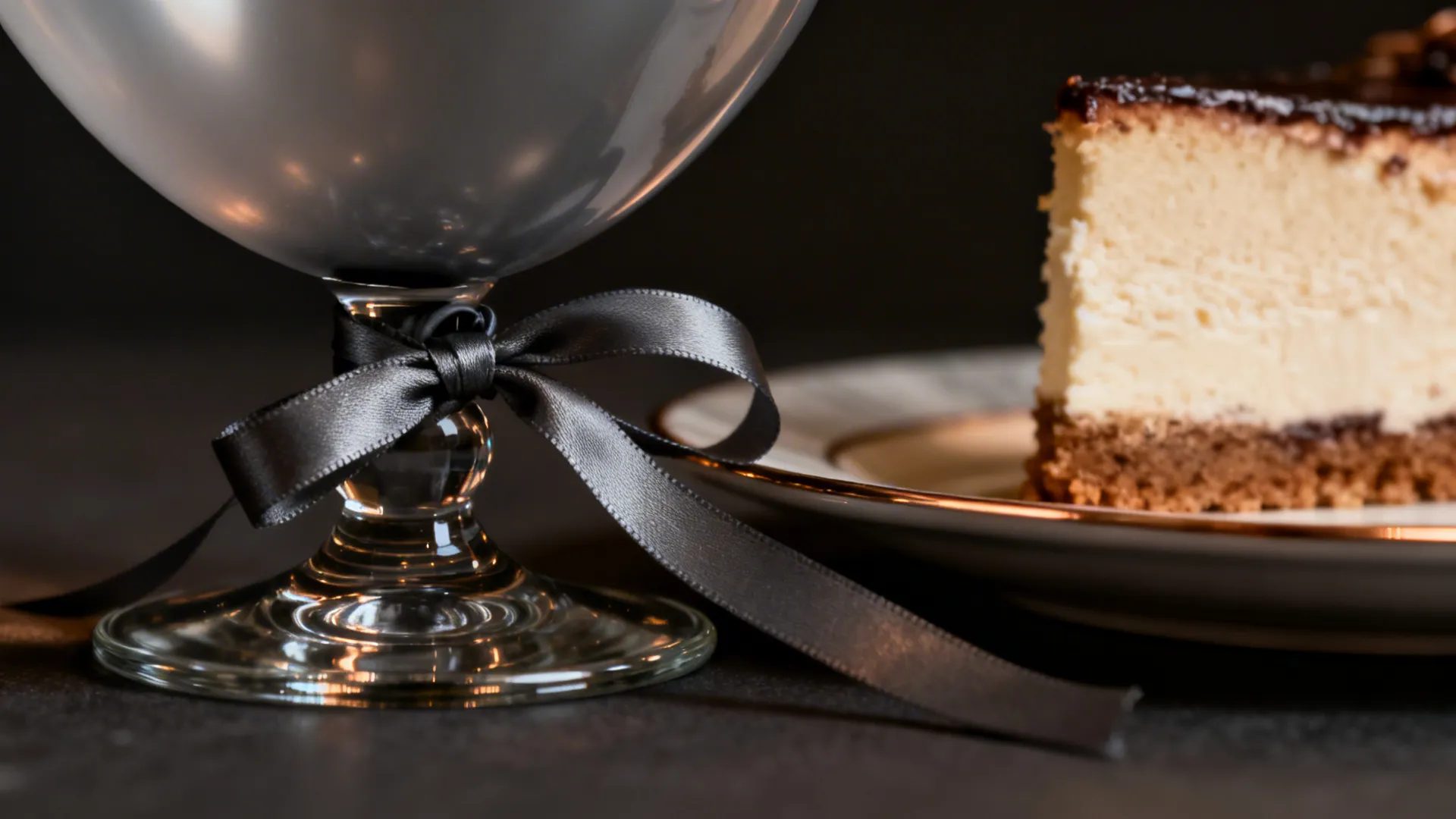 Macro of a matte balloon ribbon tied to a glass beside a dessert slice.