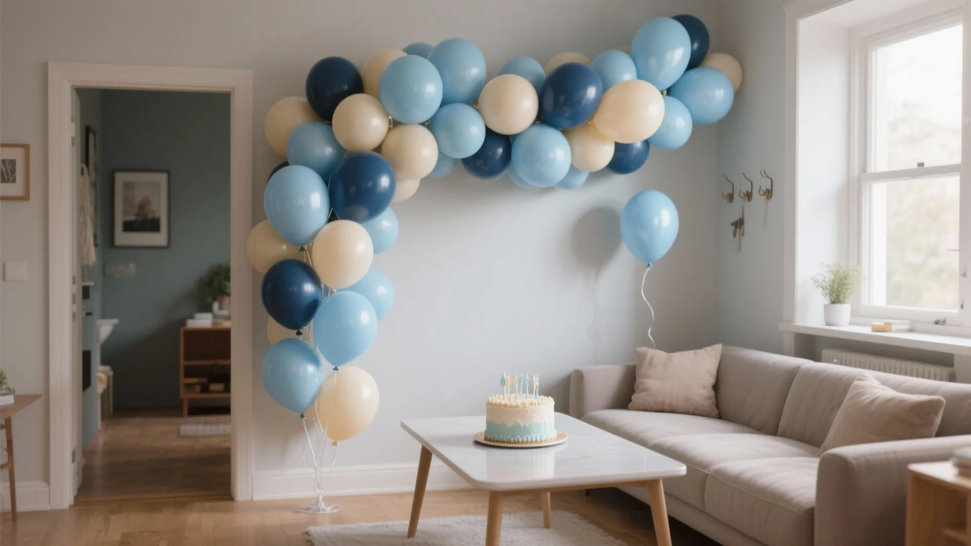Balloon garland over a safe “smash cake” corner
