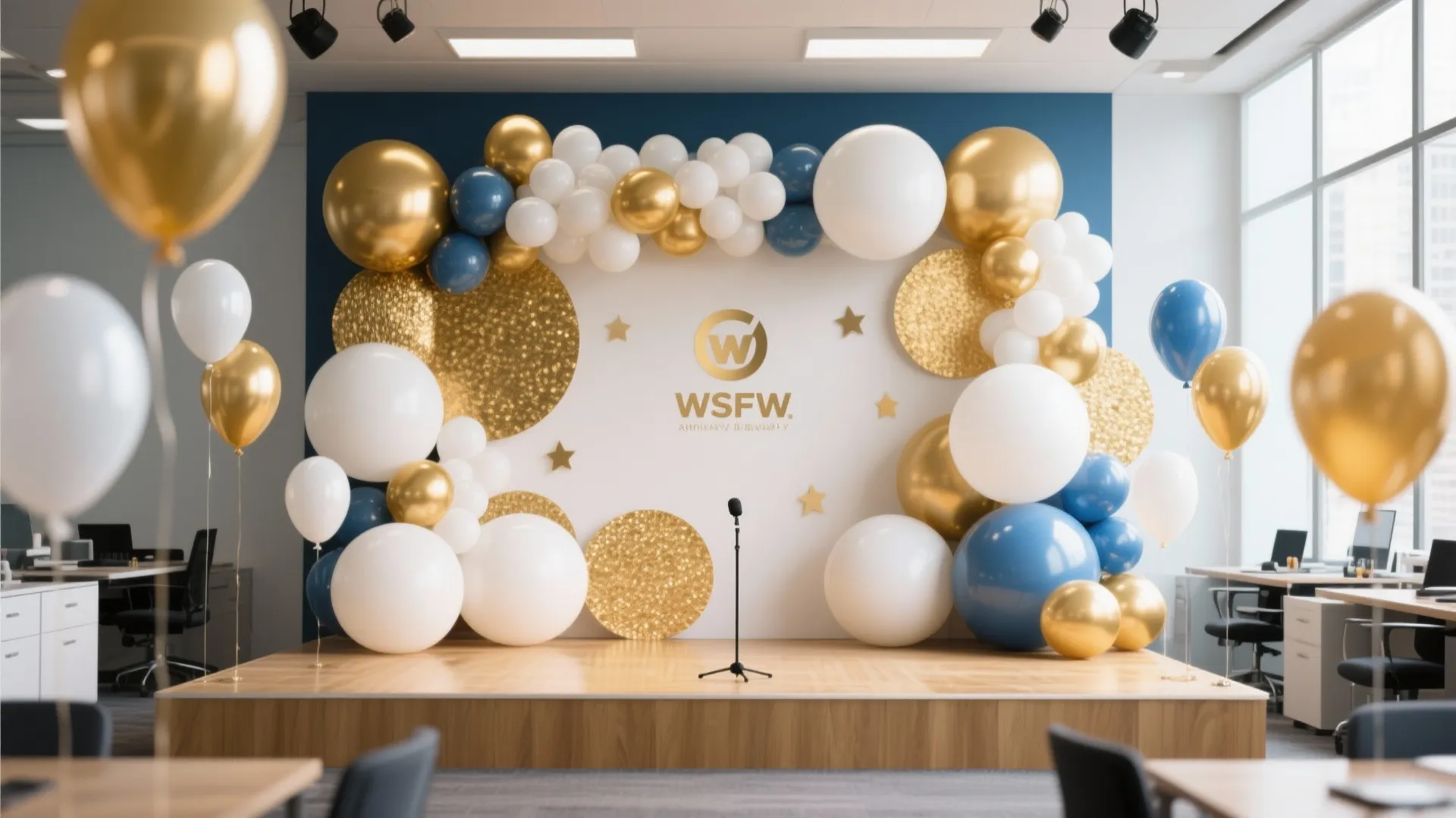 Event stage with blue gold and white balloons surrounding a white wall with company logo