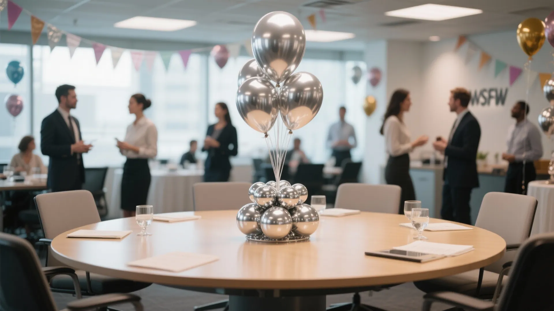 Silver balloon centerpiece on a round wooden office table with people talking in the blurred background