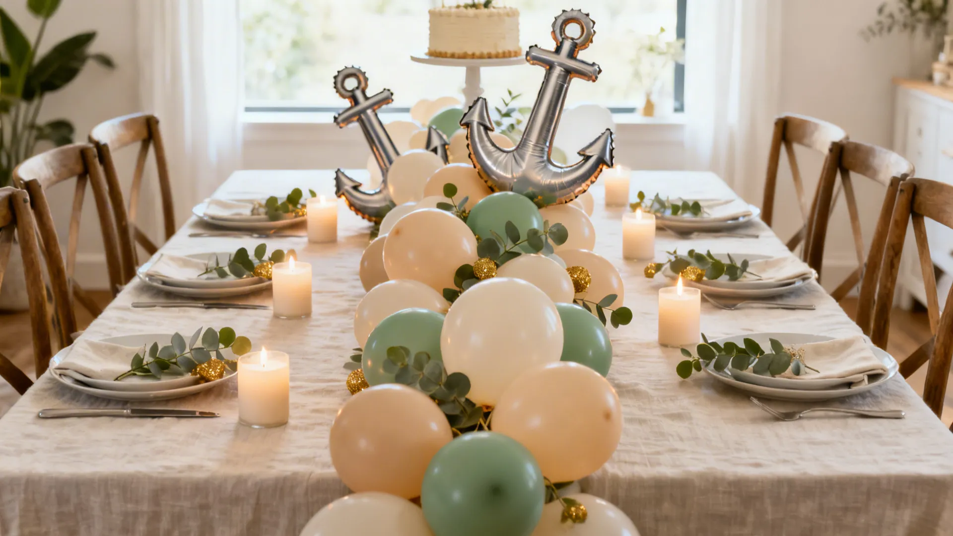 Low balloon runner with eucalyptus on a small dining table in beige and sage tones with flameless candles and a cake stand.