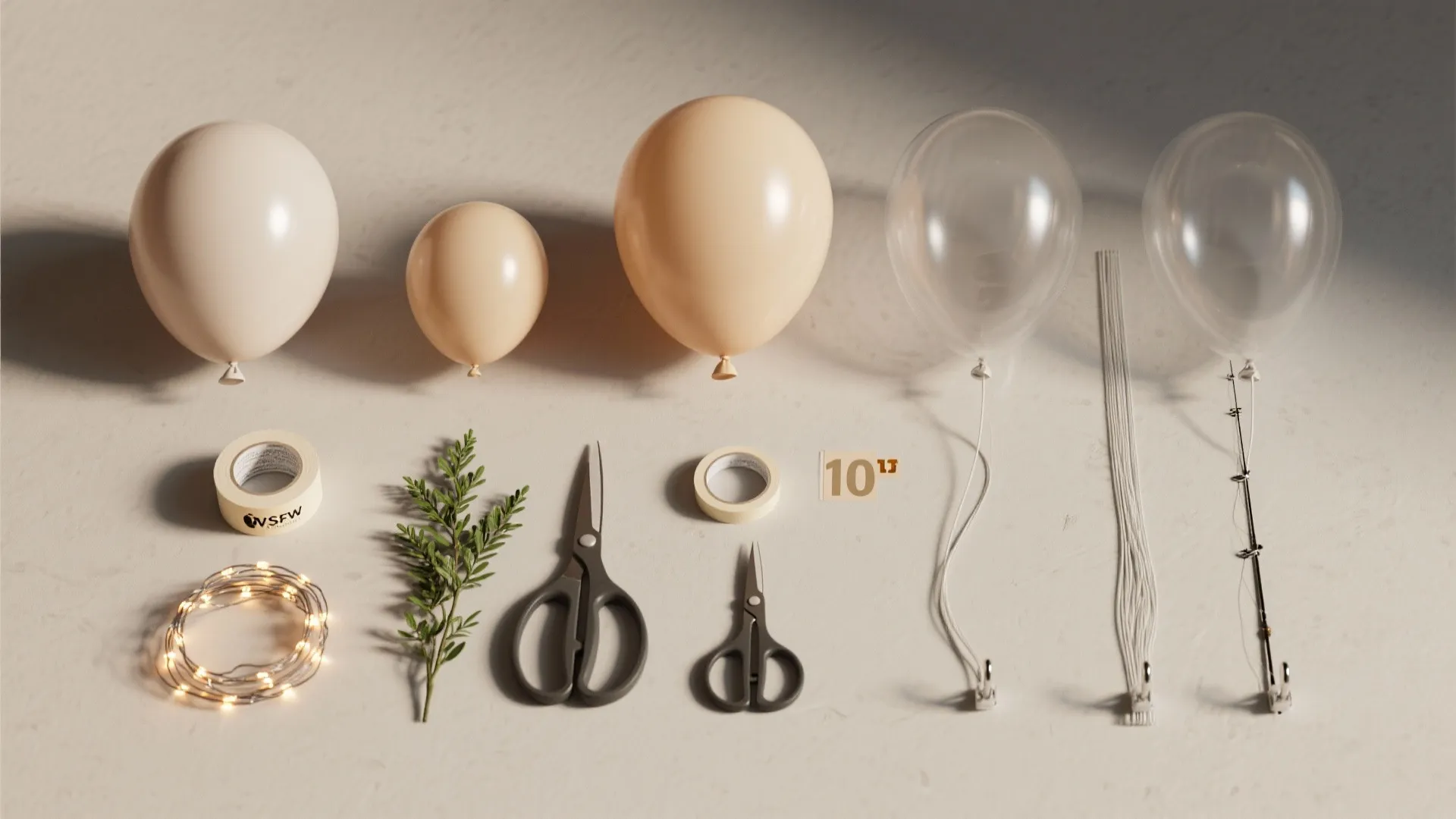 Collection of balloon decorating tools including scissors tape green leaves string lights and various balloons