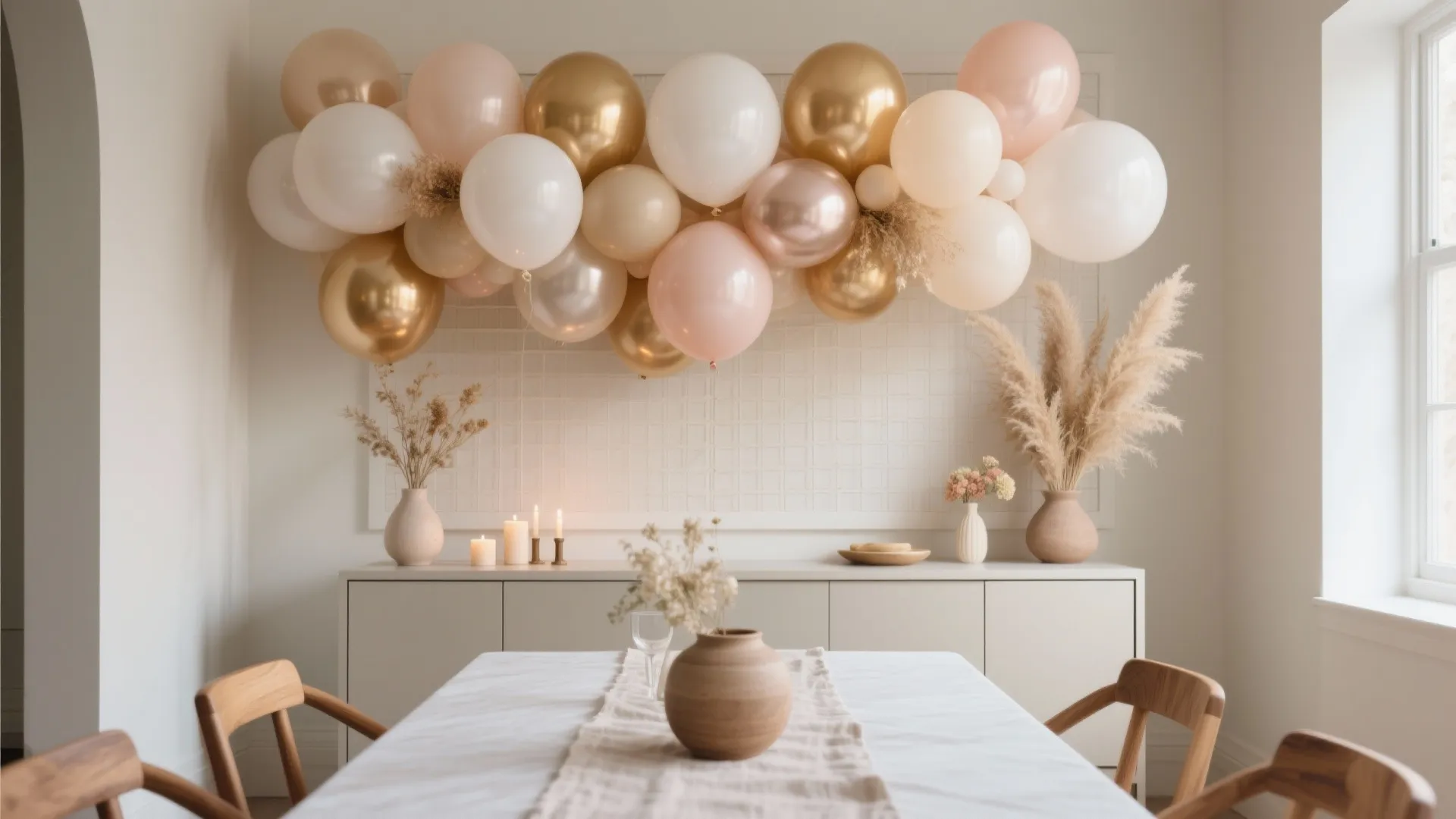 Dining wall with a tonal balloon backdrop, dried pampas, and candles creating a photo-ready focal point.