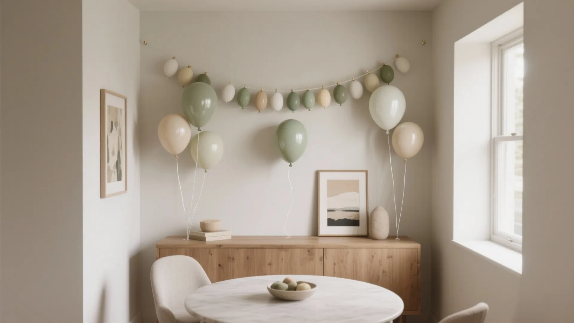 Dining room with marble table wood cabinet green balloons hanging on wall and natural light
