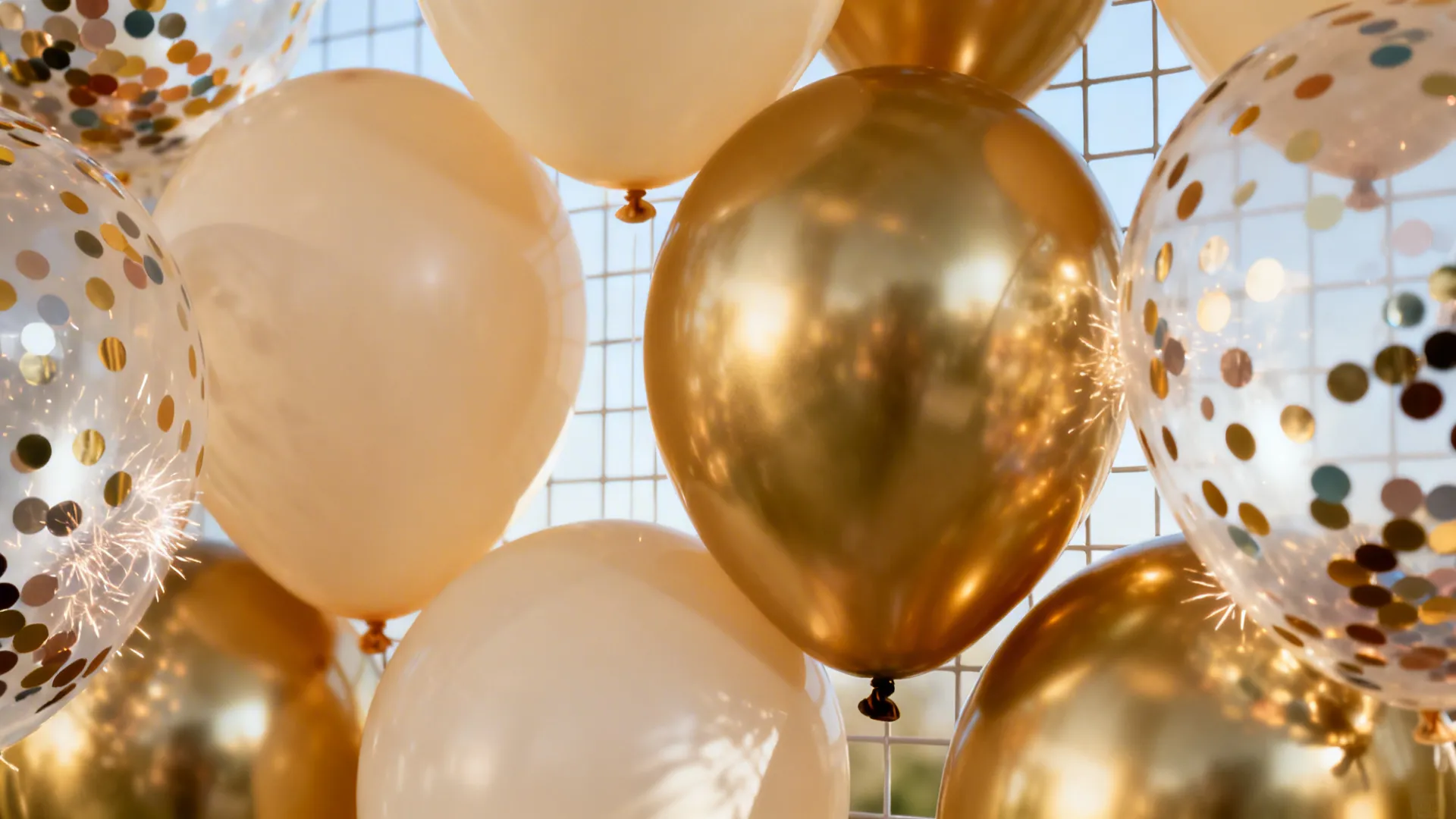 Macro of balloon wall showing matte beige, chrome gold, and confetti balloon textures with soft daylight reflections.