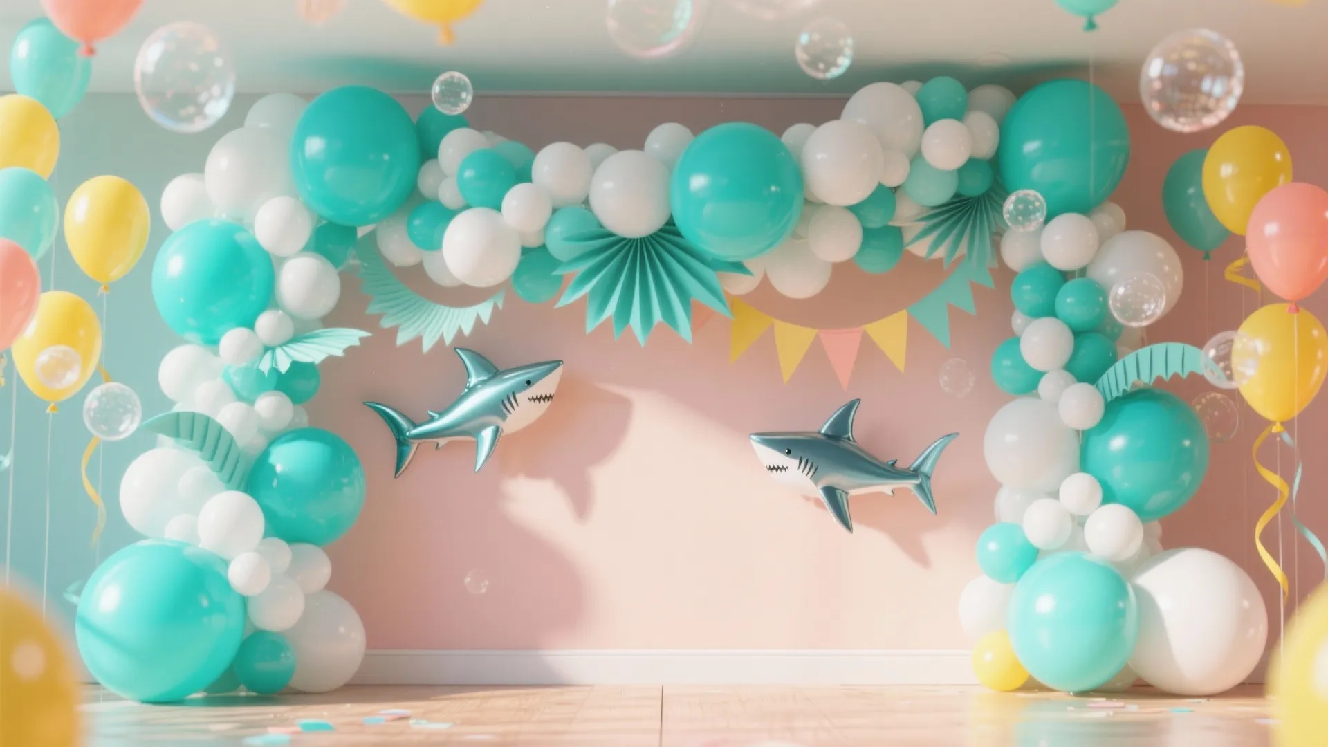 Layered aqua and white balloon garland with paper fins and subtle foil shark accents above a tidy party backdrop.