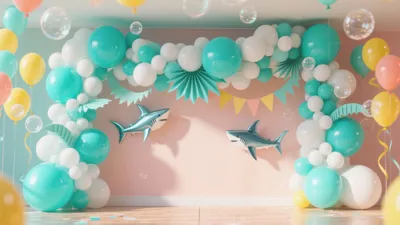 Shark-Themed Kids Party Decor with Balloon Arch