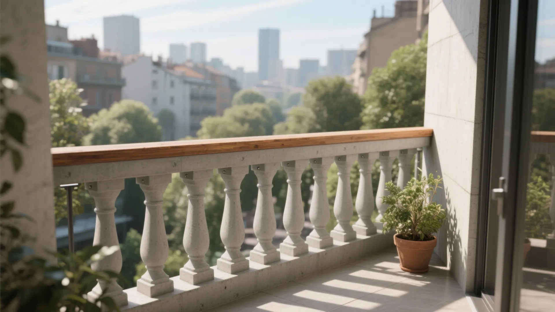 Sunny balcony with stone railing pillars wooden handrail green potted plant and a city view