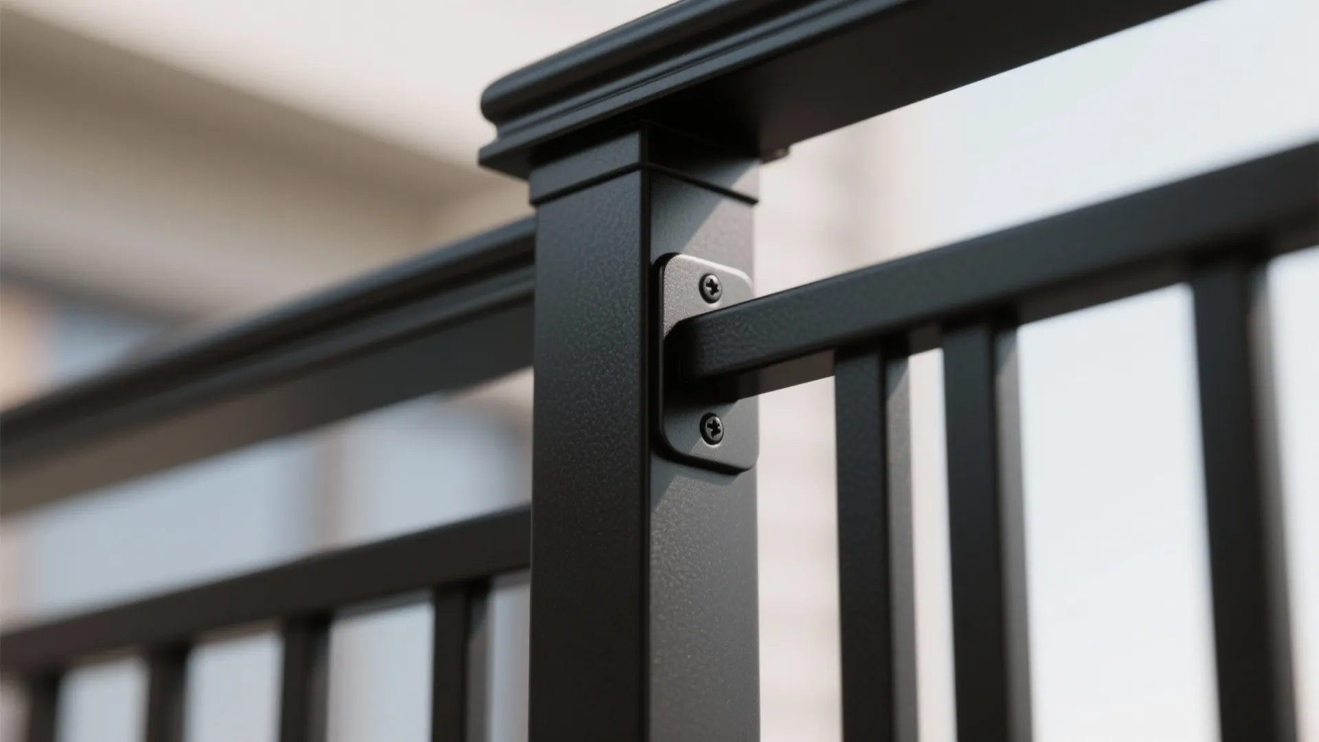 Macro of aluminum baluster joint to top rail with concealed fastener and fine texture.