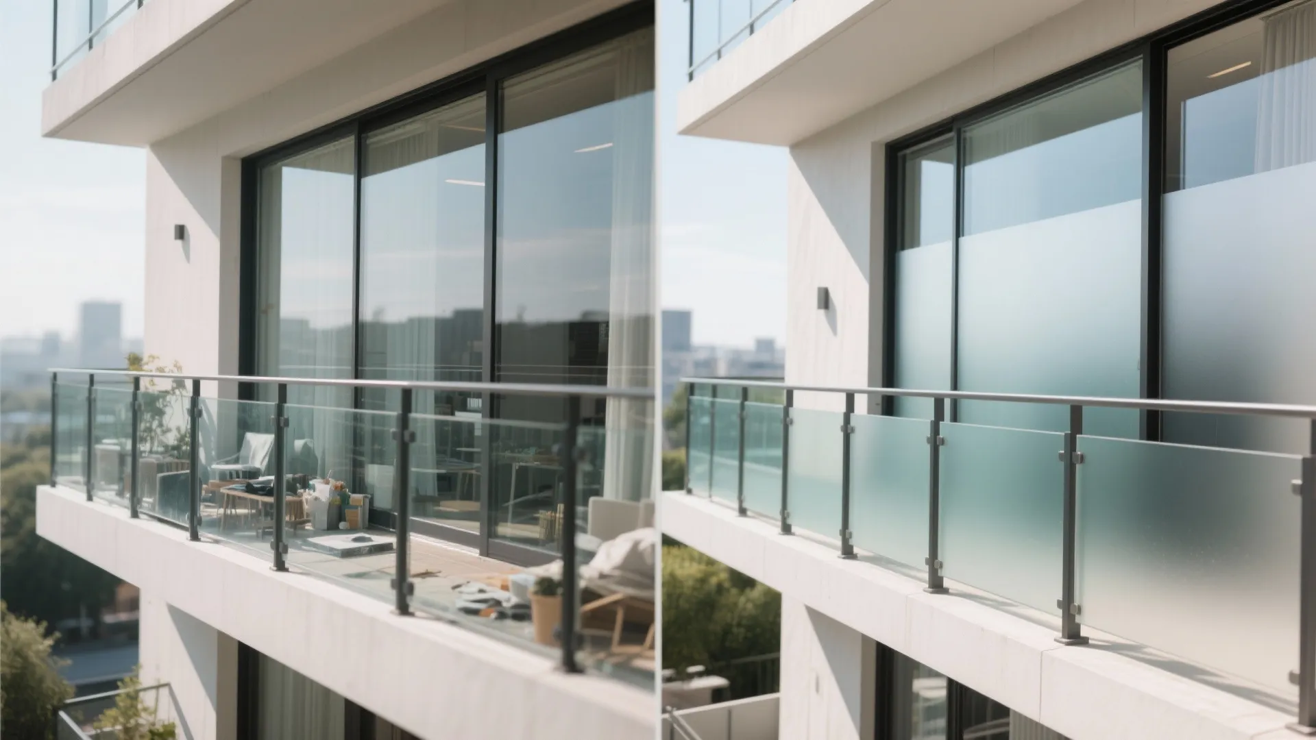 Before-after comparison of balcony glass, showing added gradient privacy film.