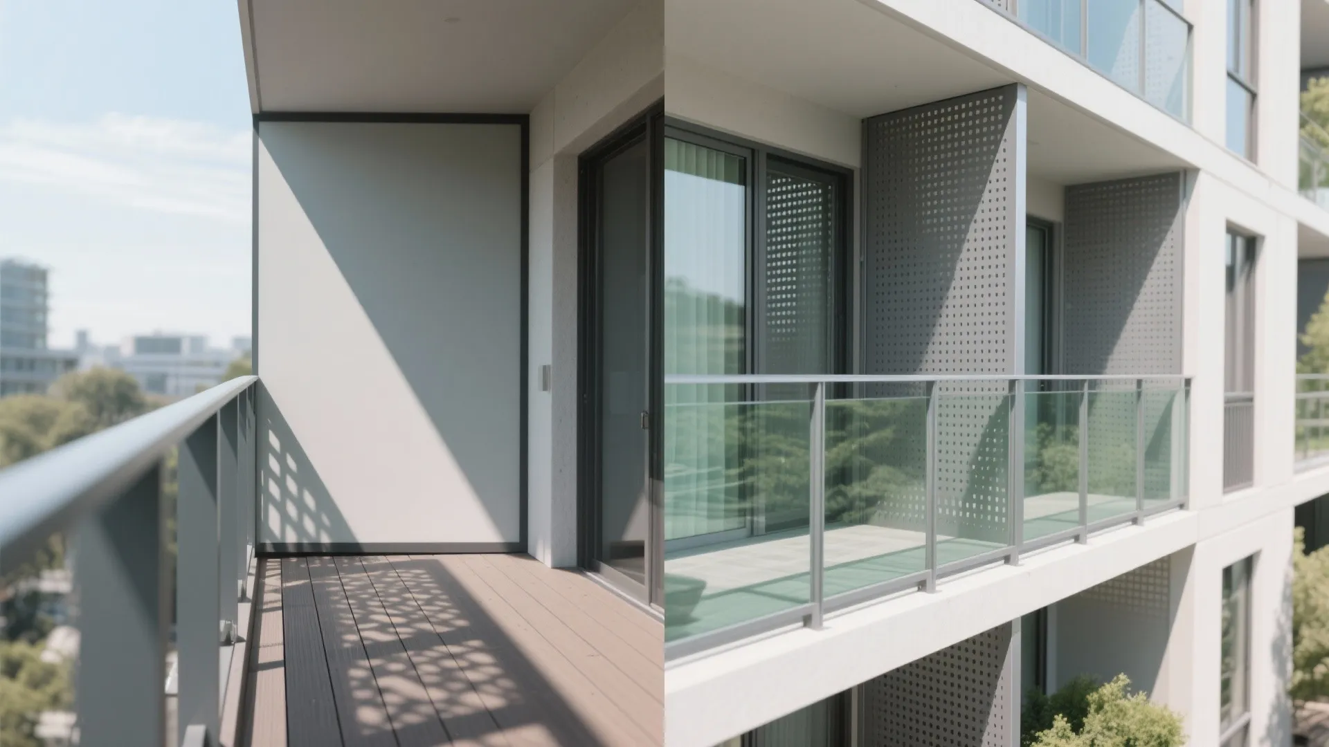 Balustrade choices: glass, perforated metal, and layered privacy