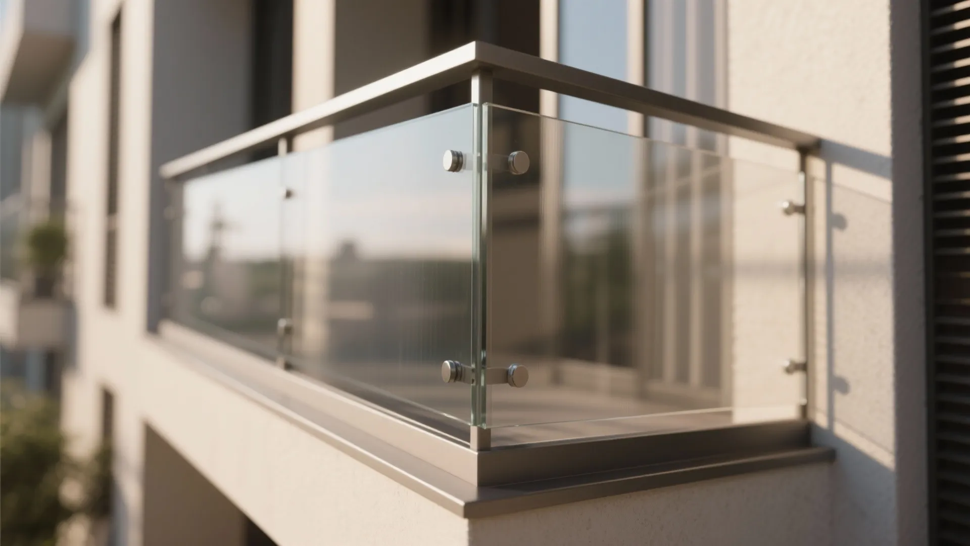 Close-up of laminated glass balustrade with matte cap rail and anti-reflective finish.