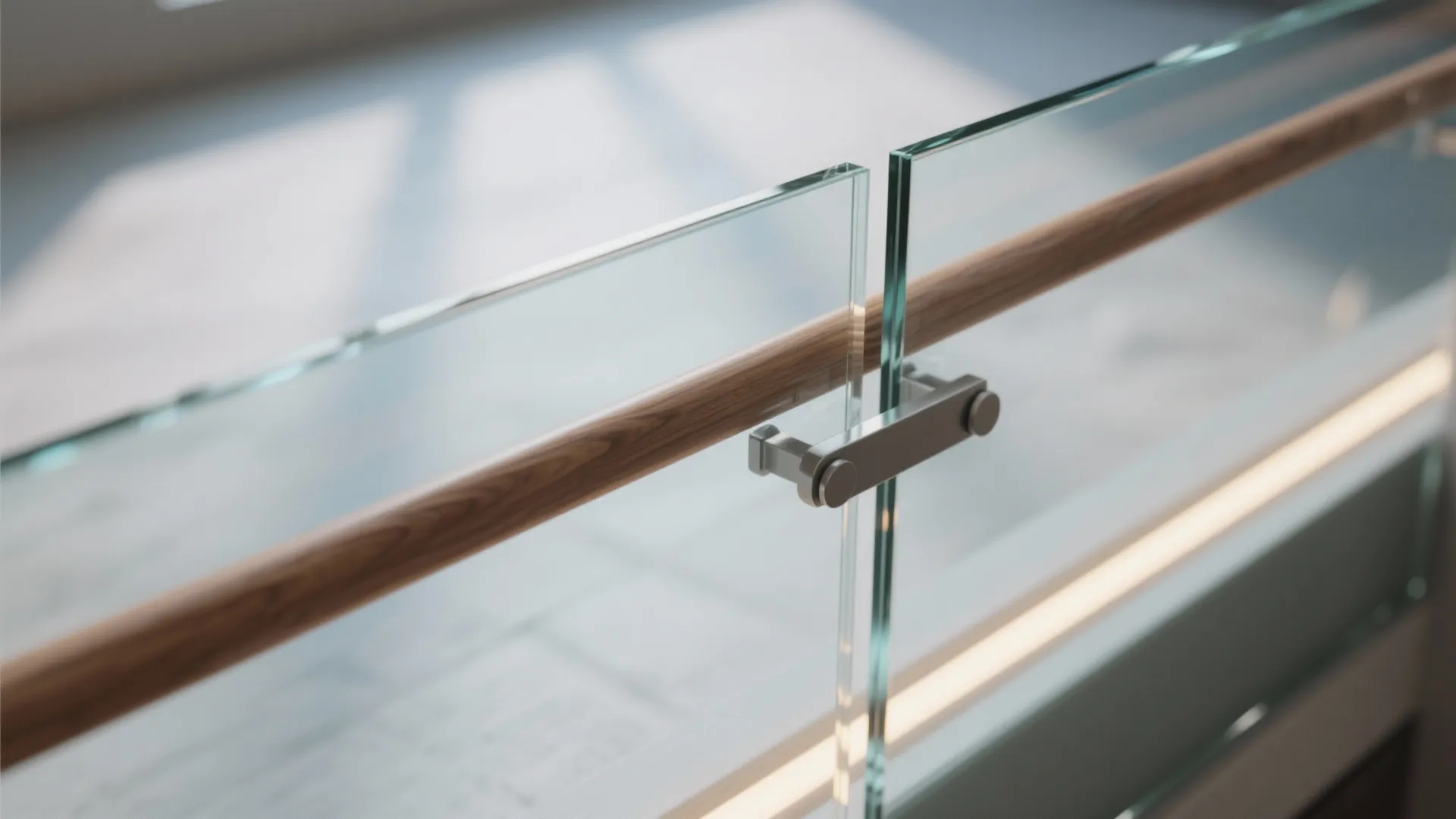 Close up of clear glass railing with a light wood handrail and metal connecting parts