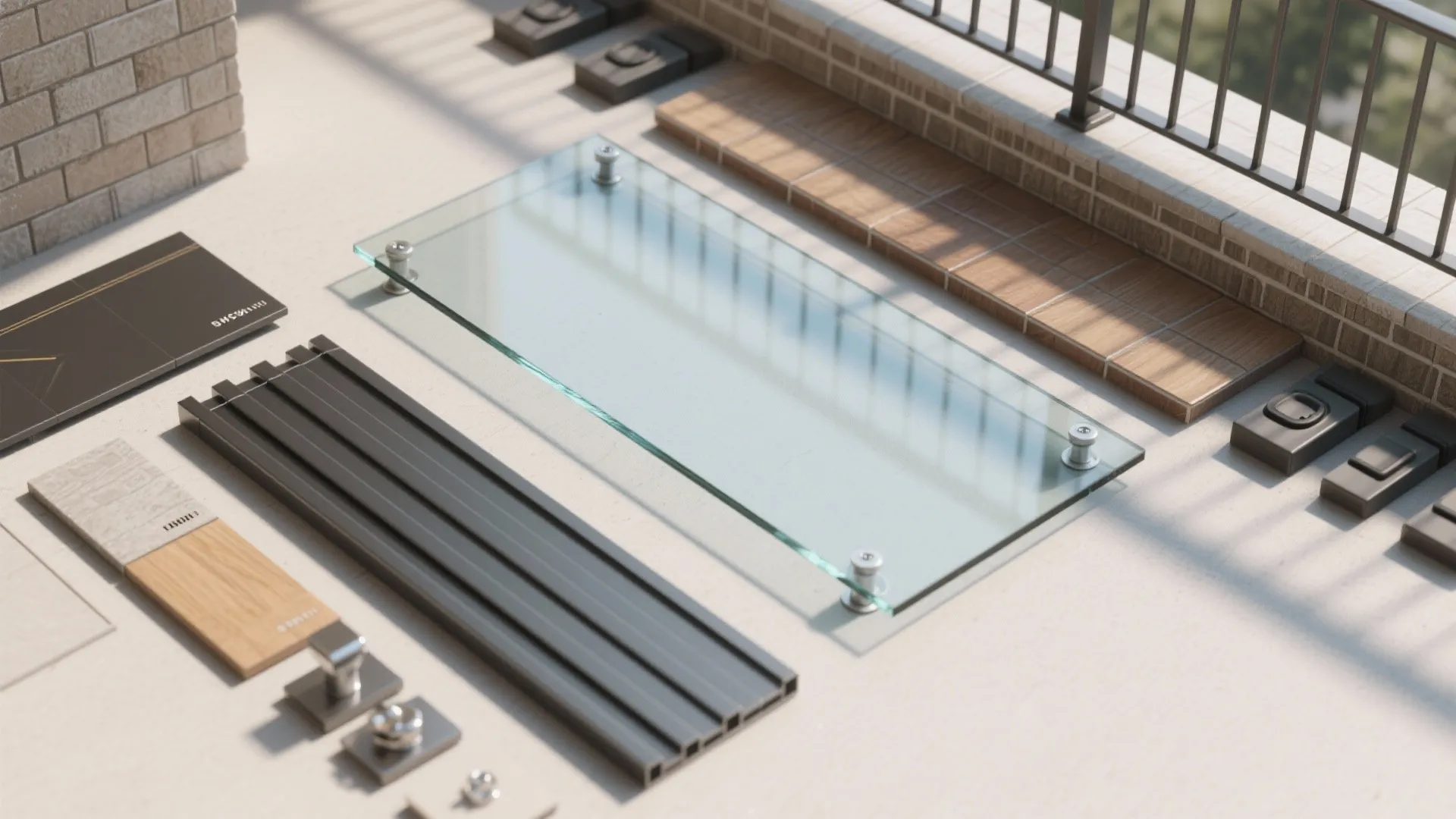 Various building material samples including glass panels metal rails and wood floor textures on balcony