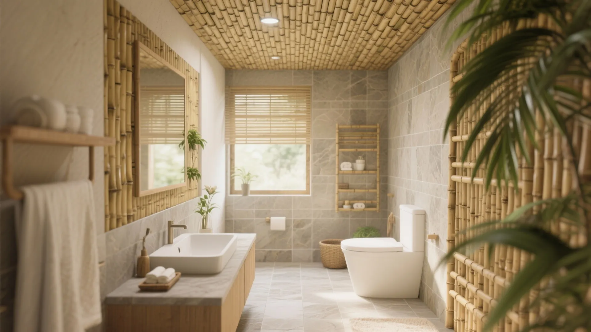 Bamboo ceiling panels in a bathroom with muted stone finishes