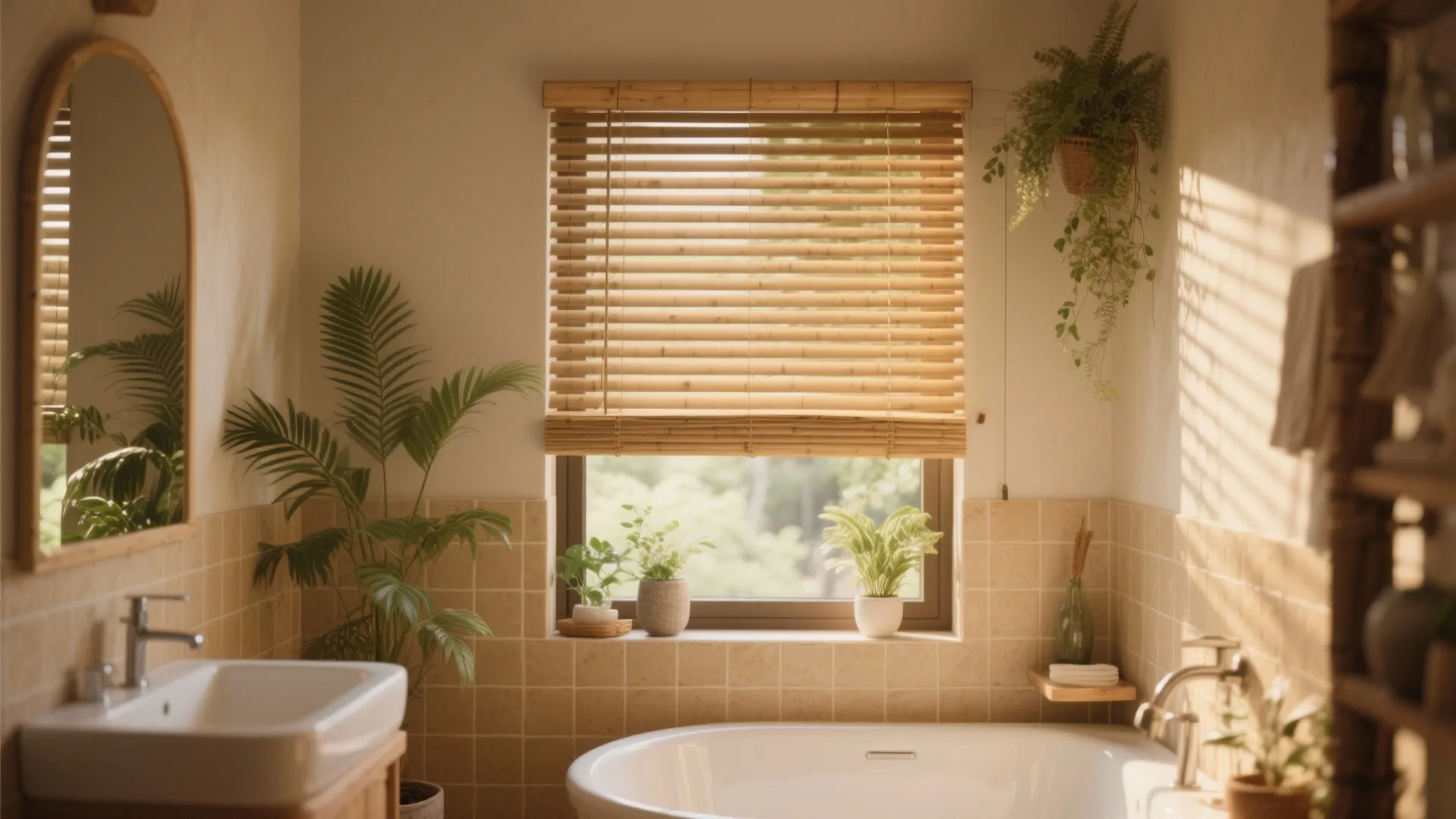 Bright bathroom with bamboo window shades, white bathtub, sink, green plants, and beige wall tiles