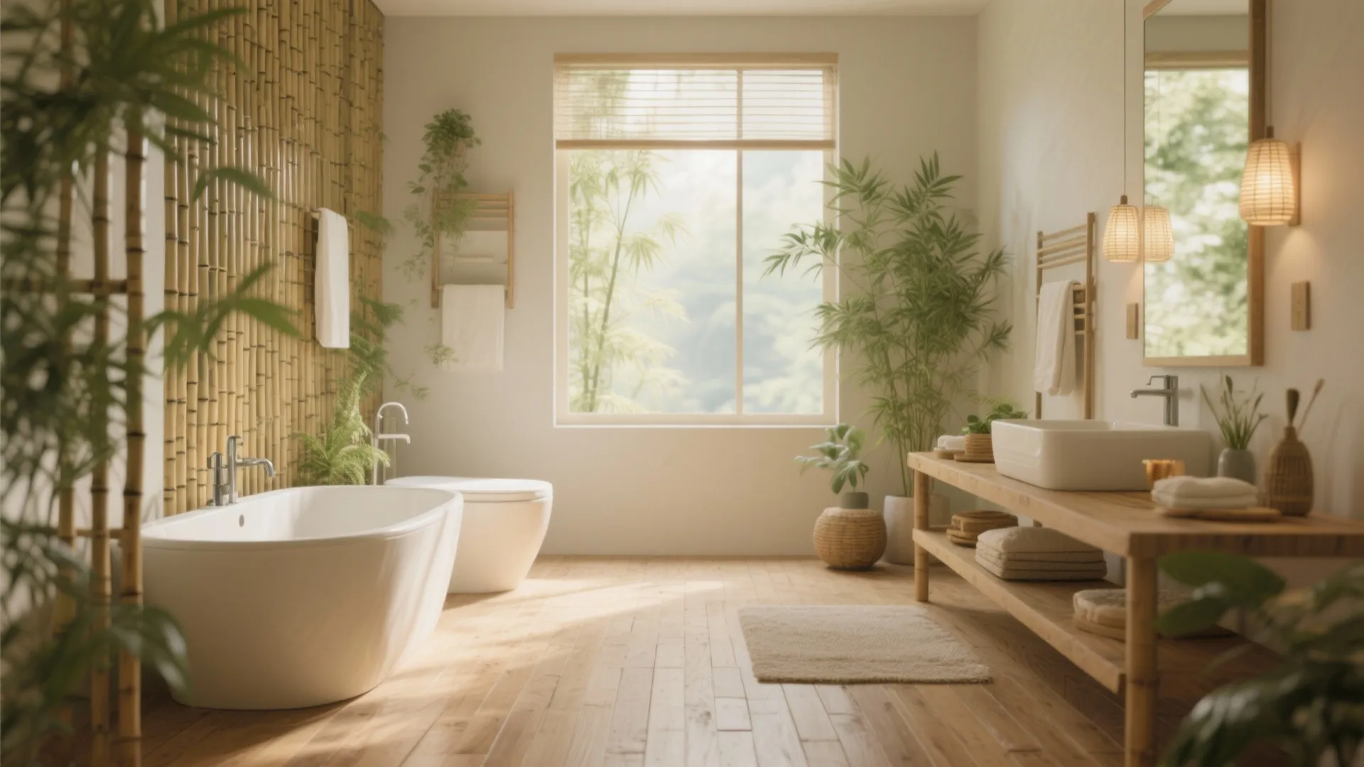 Modern bathroom with white bathtub wooden floor bamboo wall panel green plants and large bright window
