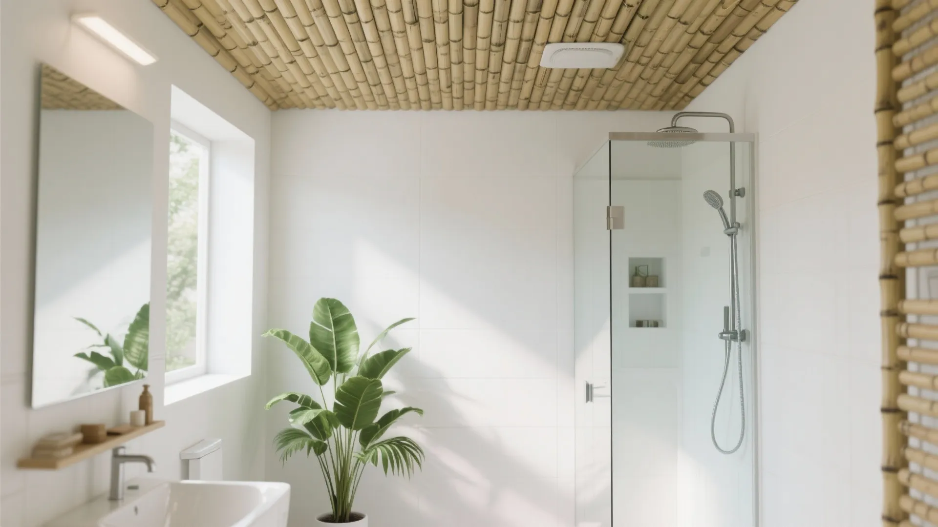 Modern bathroom featuring white walls bamboo ceiling glass shower green plant and large window with mirror