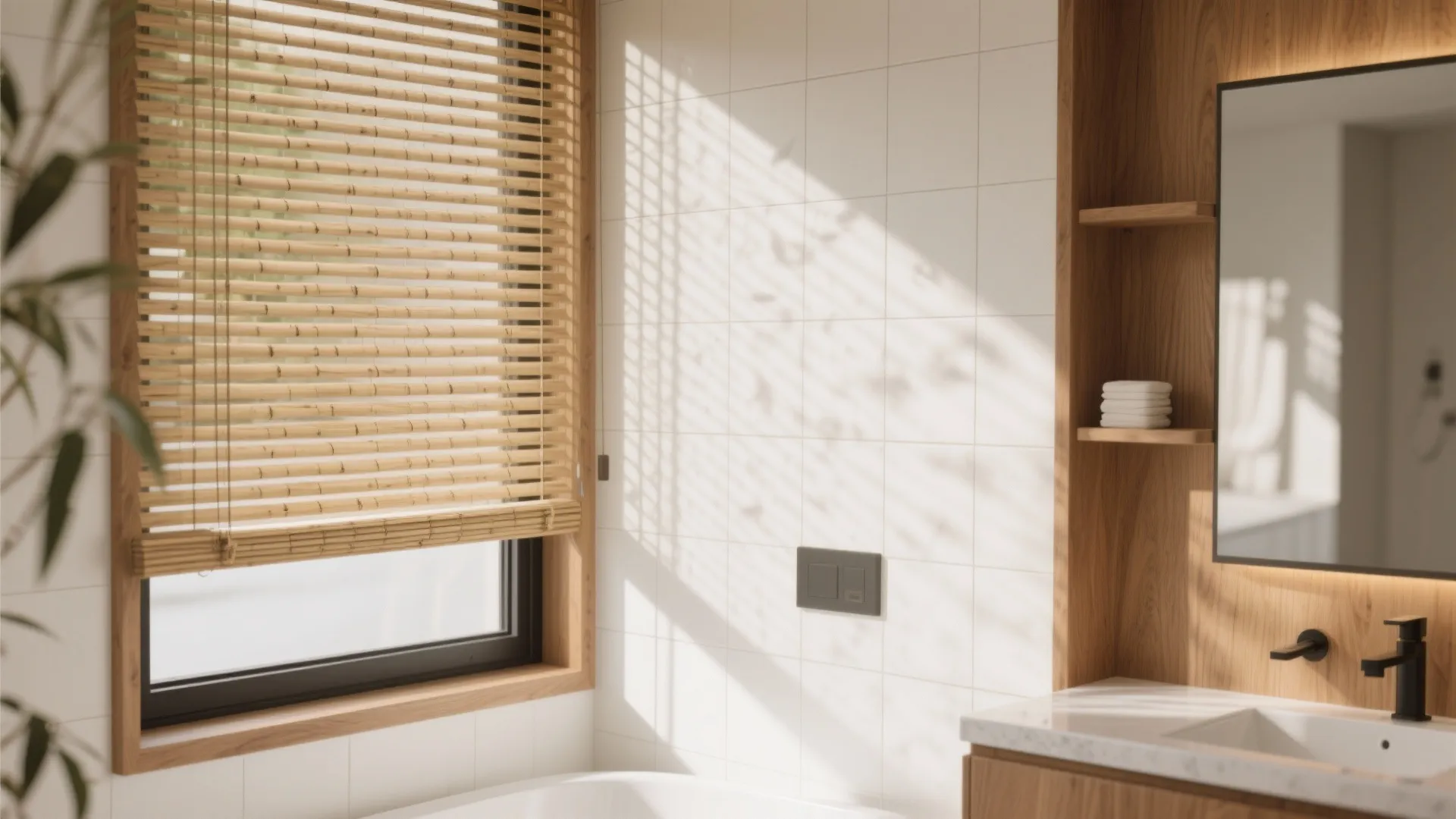 Bathroom window with bamboo roll-up shade creating warmth