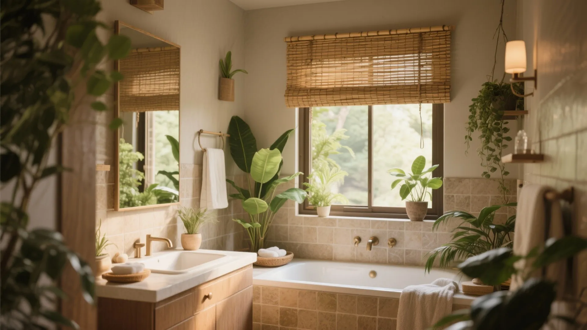 Tropical bathroom with wooden cabinet, white sink, bathtub, bamboo curtain, green plants, and warm light