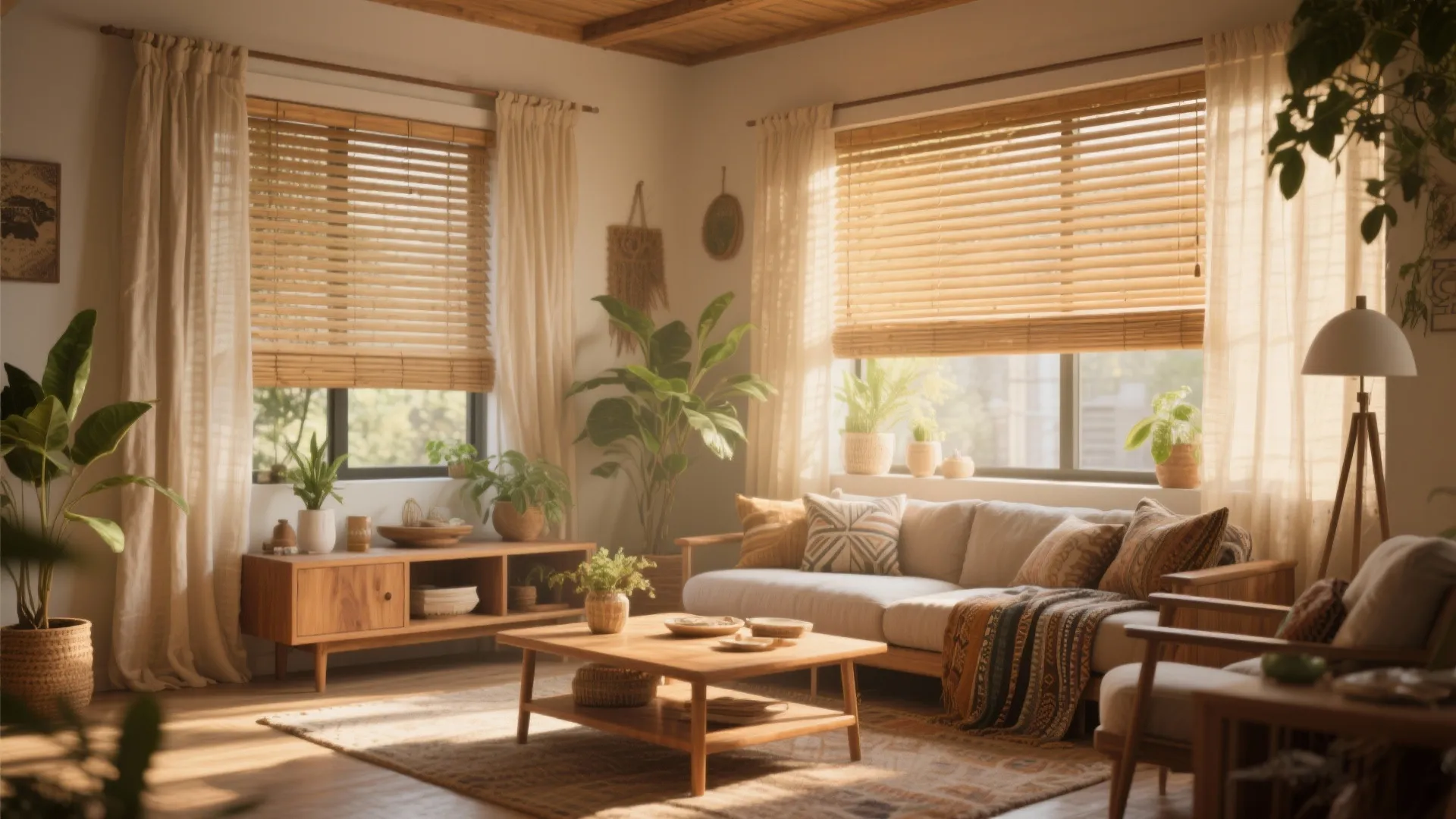 Bohemian living room with wood blinds beige curtains coffee table green plants and warm natural light