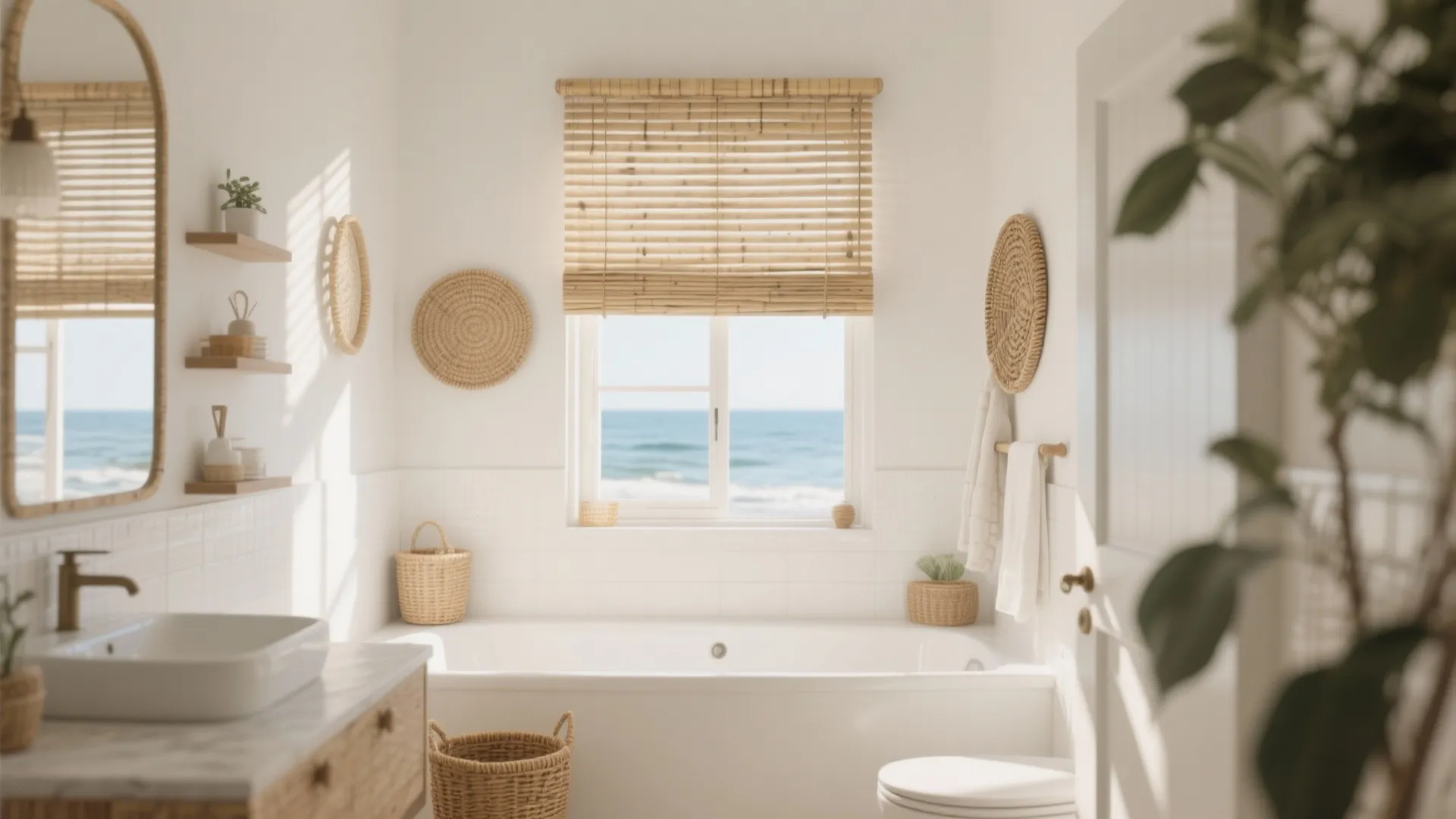 Bright bathroom with ocean view white bathtub bamboo window blinds woven baskets and white wall tiles