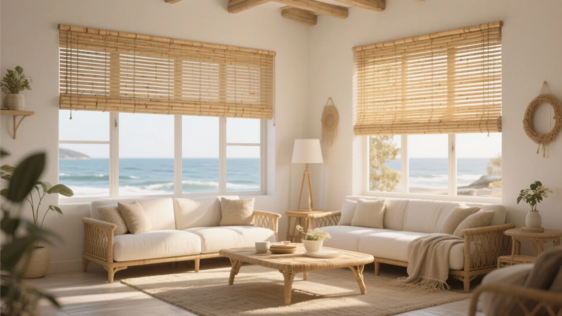Coastal living room with bamboo blinds and whitewashed walls