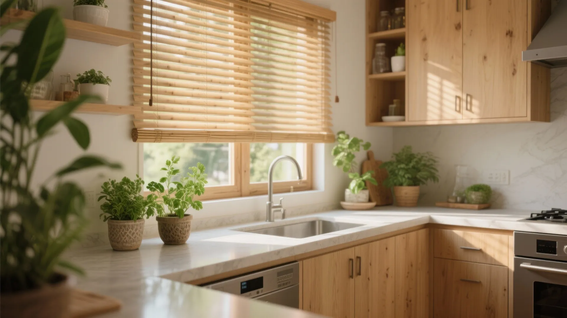 Sunny kitchen interior featuring wooden cabinets marble countertop green plants and light brown window blinds