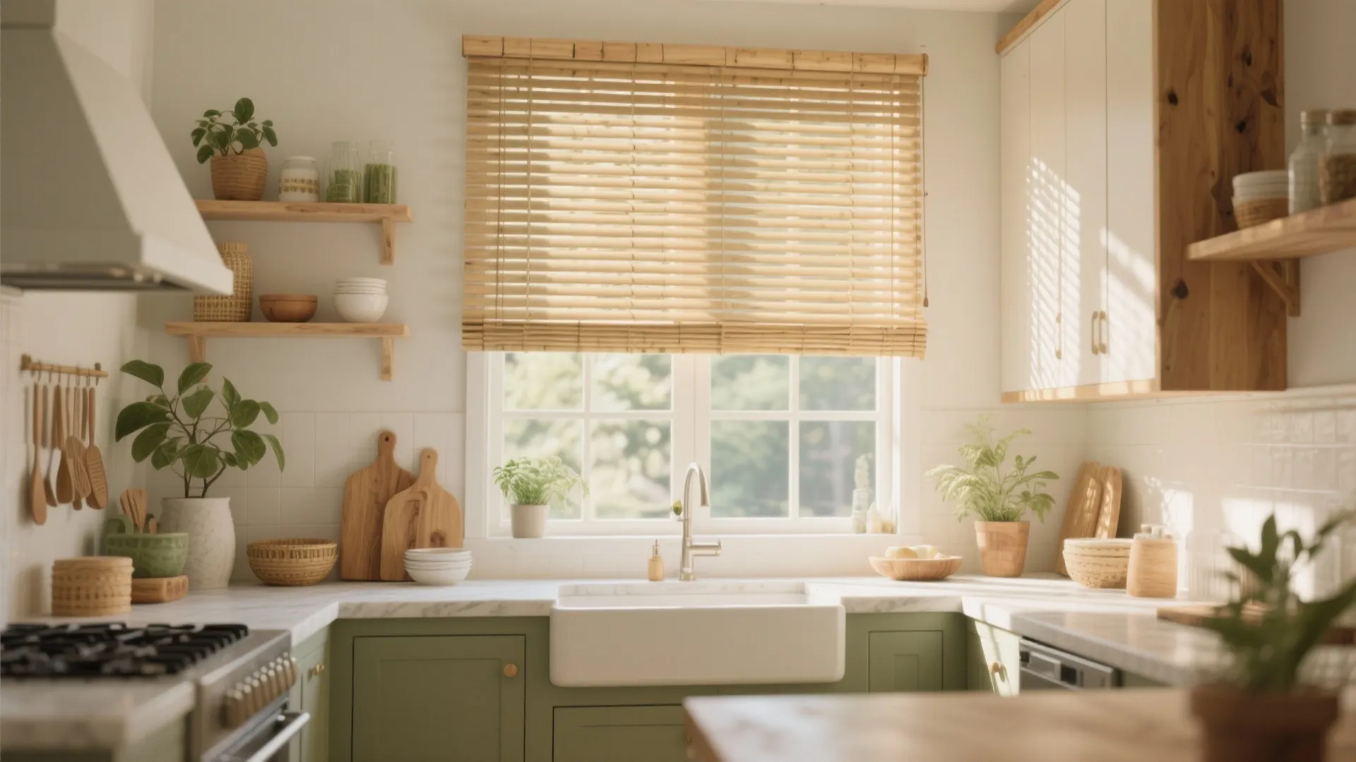 Bright kitchen with green cabinets wooden blinds white sink marble countertop and small potted green plants