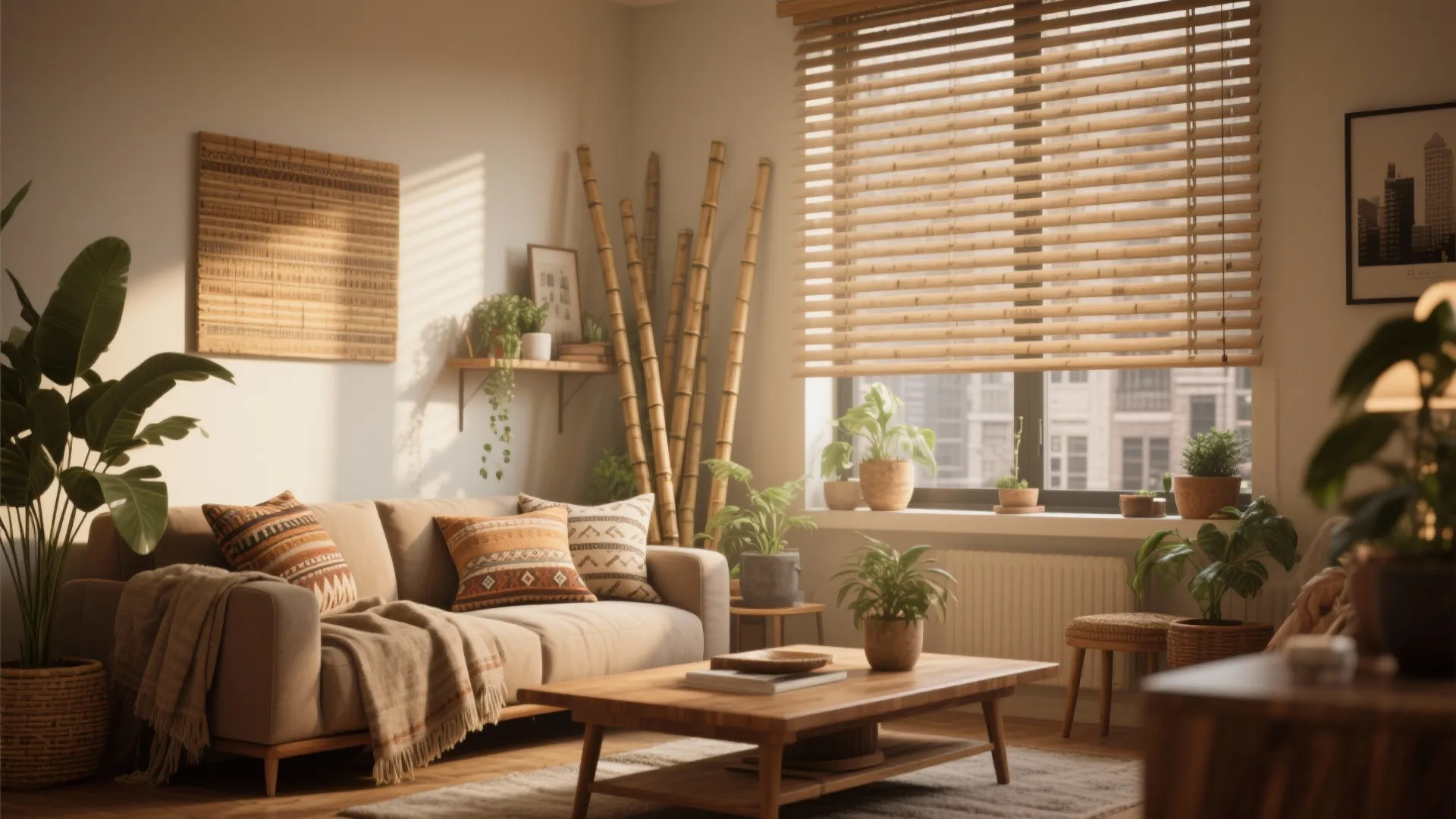 City apartment living room with natural bamboo blinds in warm light