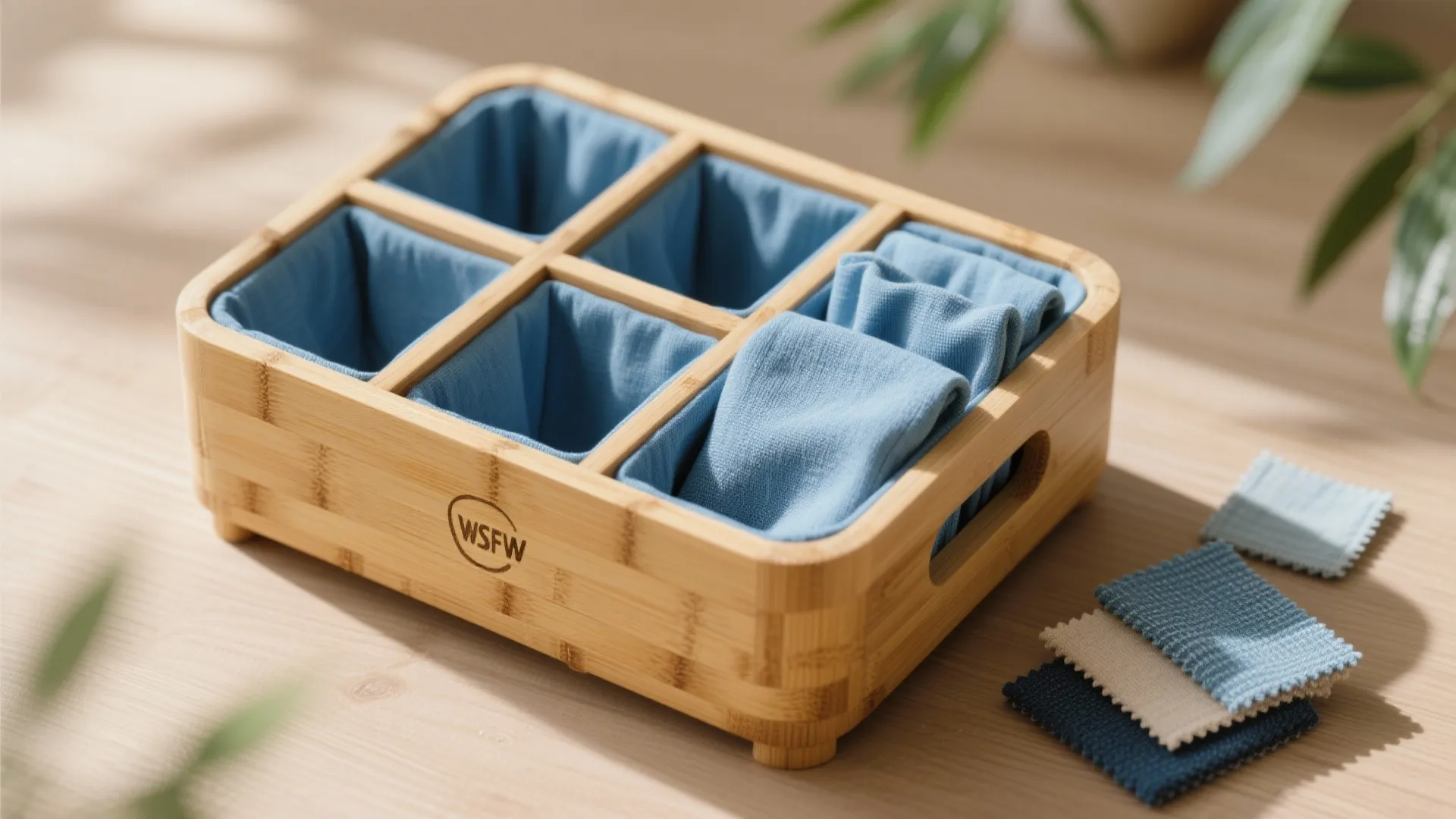 Bamboo multi-compartment caddy with removable blue fabric liners and swatches laid out flat