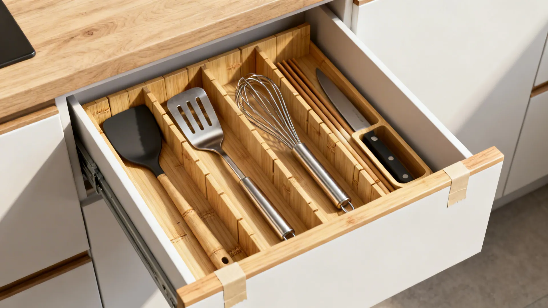 Custom bamboo drawer dividers neatly organize kitchen tools in a compact drawer.