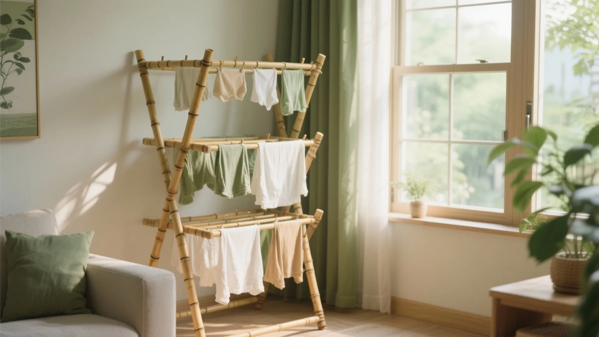 Bamboo drying rack standing in living room with clothes hanging near a large bright window