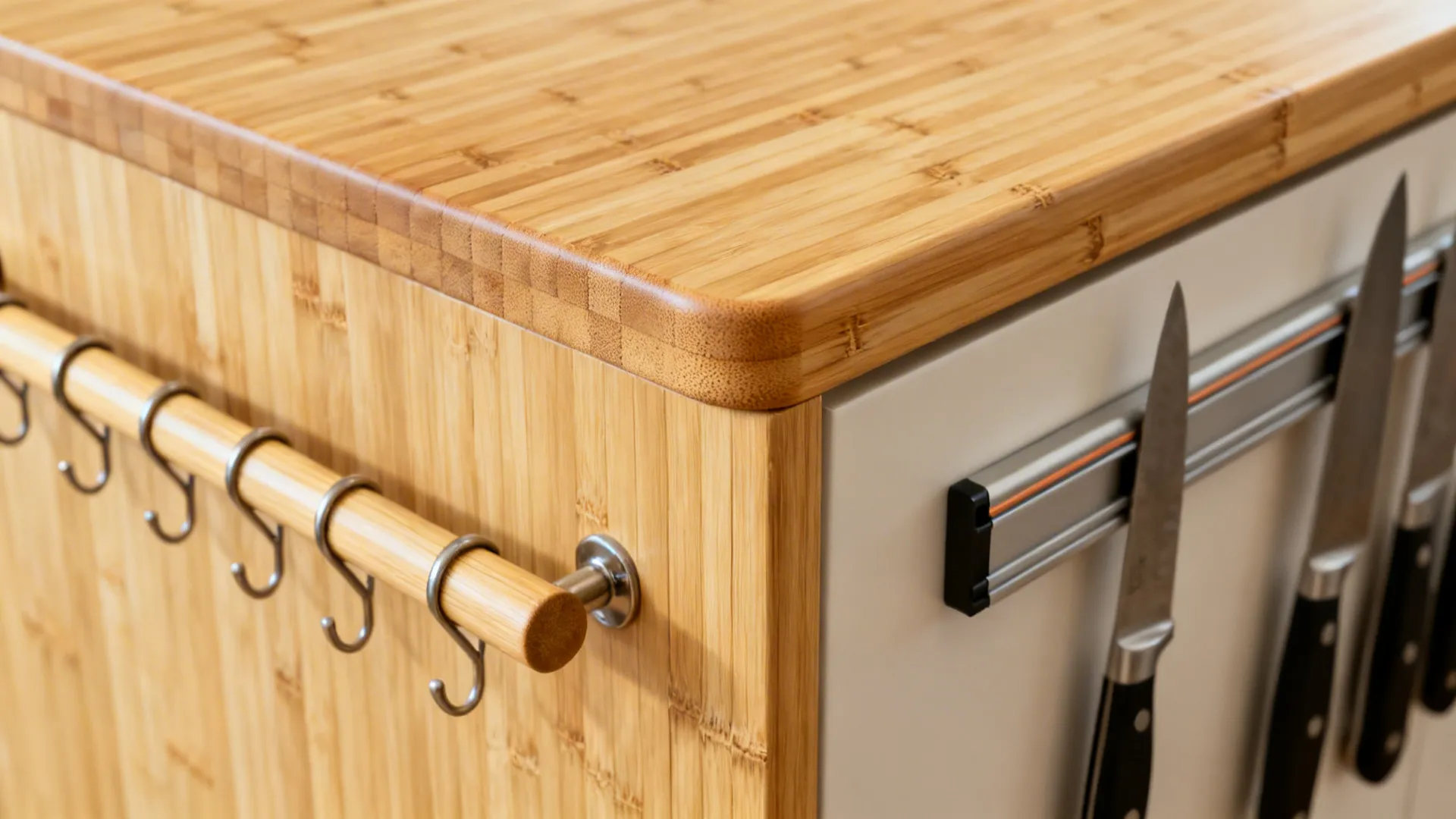 Close-up of a rounded bamboo countertop edge with peg rail and magnetic knife strip.