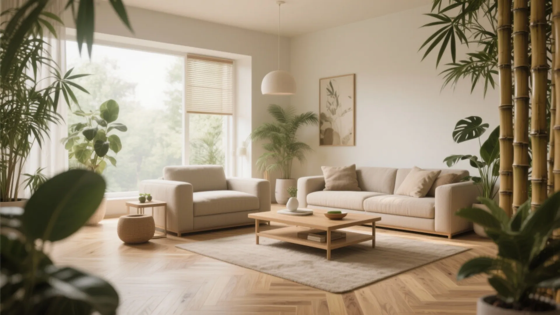 Calming living room with sustainable bamboo flooring